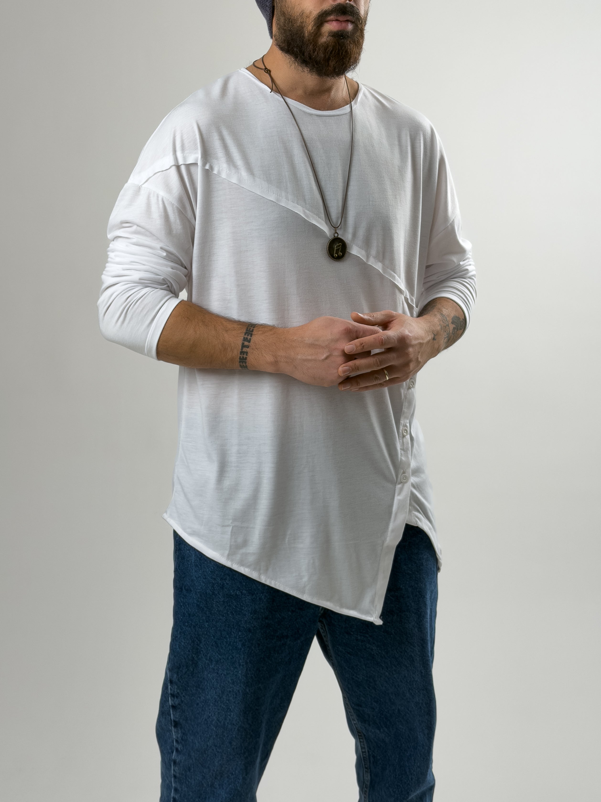 Tasarım Düğme Detaylı Beyaz Erkek Sweat COC2633