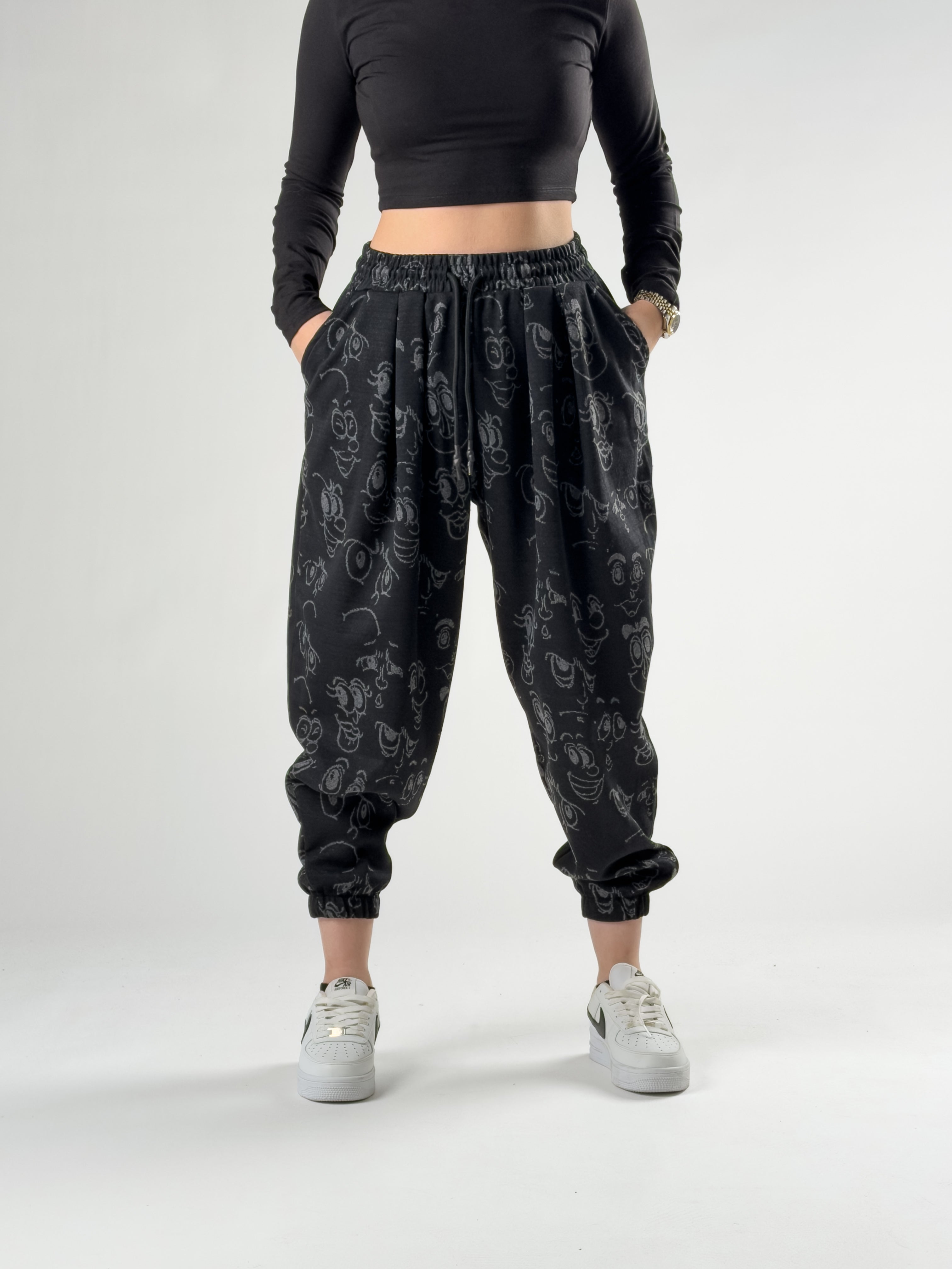 Face Desenli Siyah Pileli Kadın Jogger Pantolon COC2759