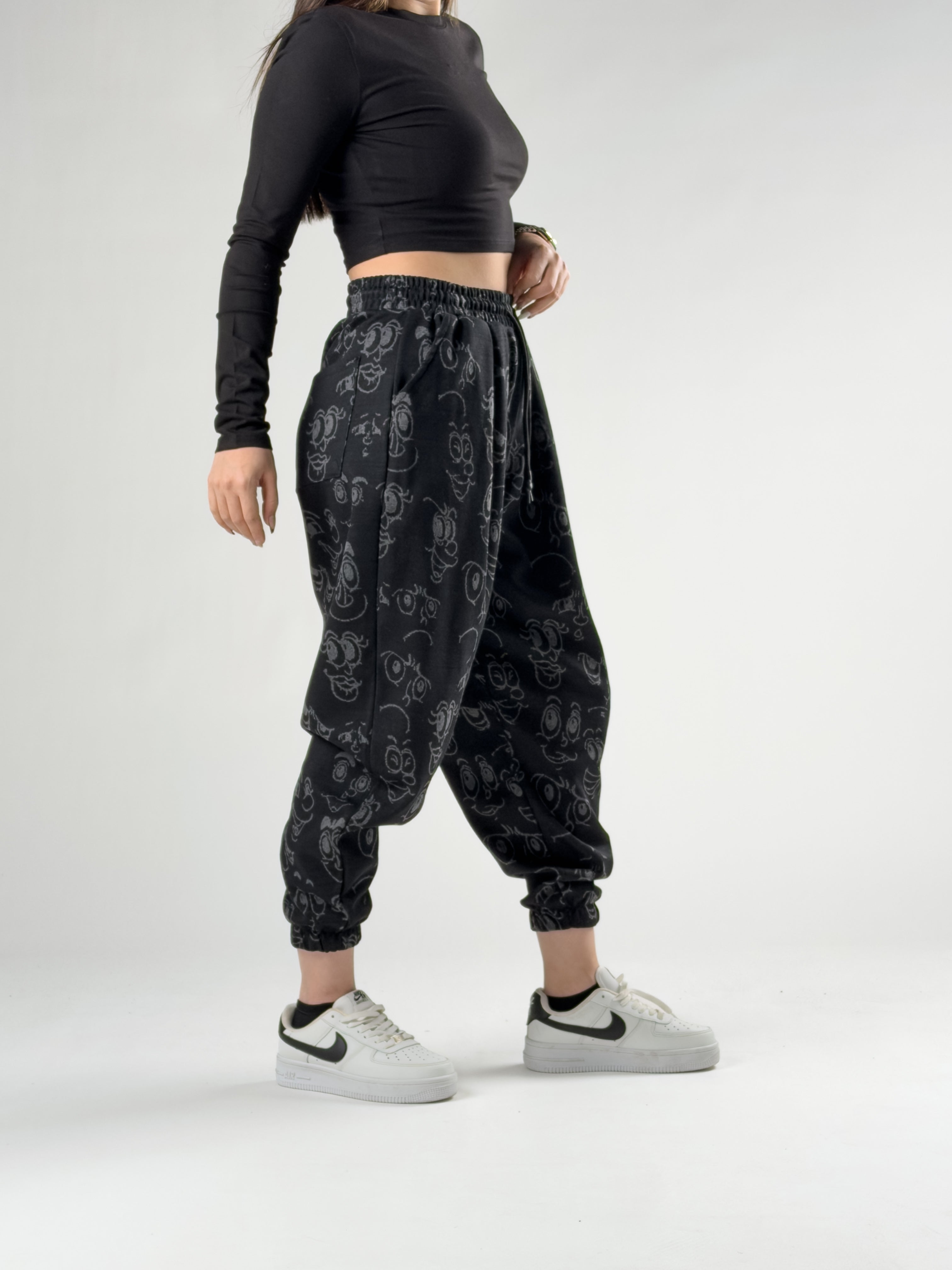 Face Desenli Siyah Pileli Kadın Jogger Pantolon COC2759