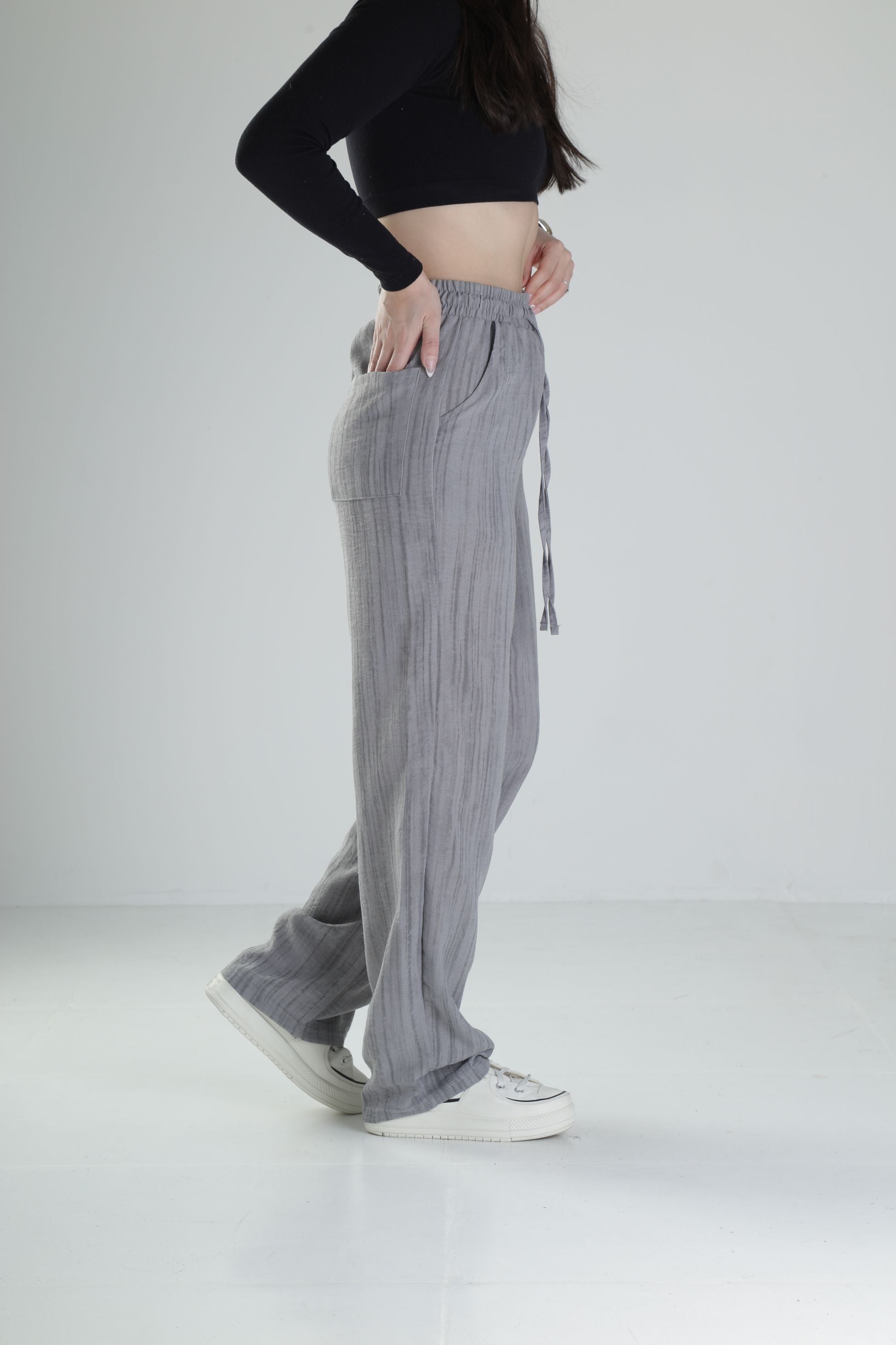 Aerobin Keten Kumaş Gri Baggy Pantolon COC2509