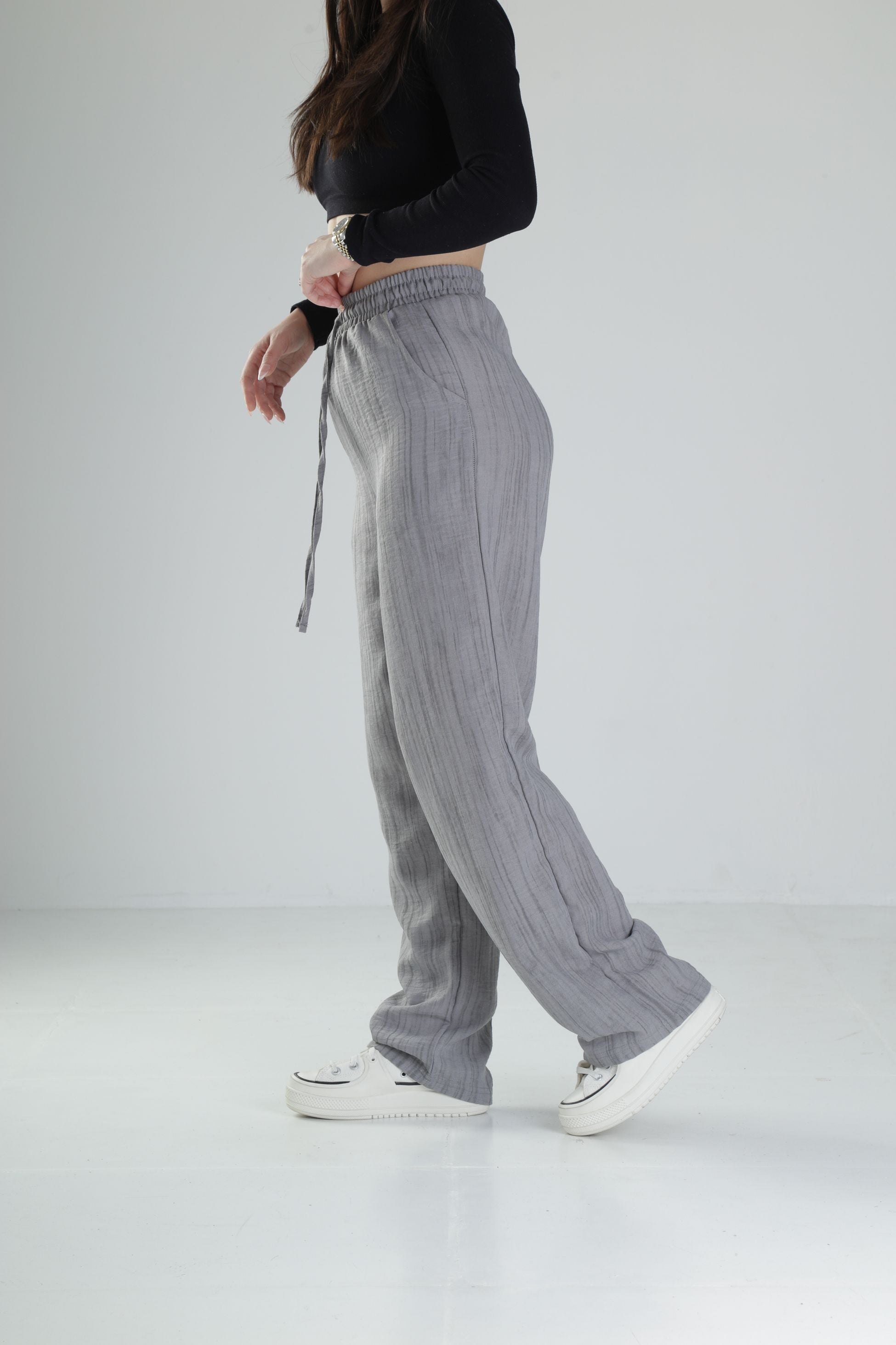Aerobin Keten Kumaş Gri Baggy Pantolon COC2509