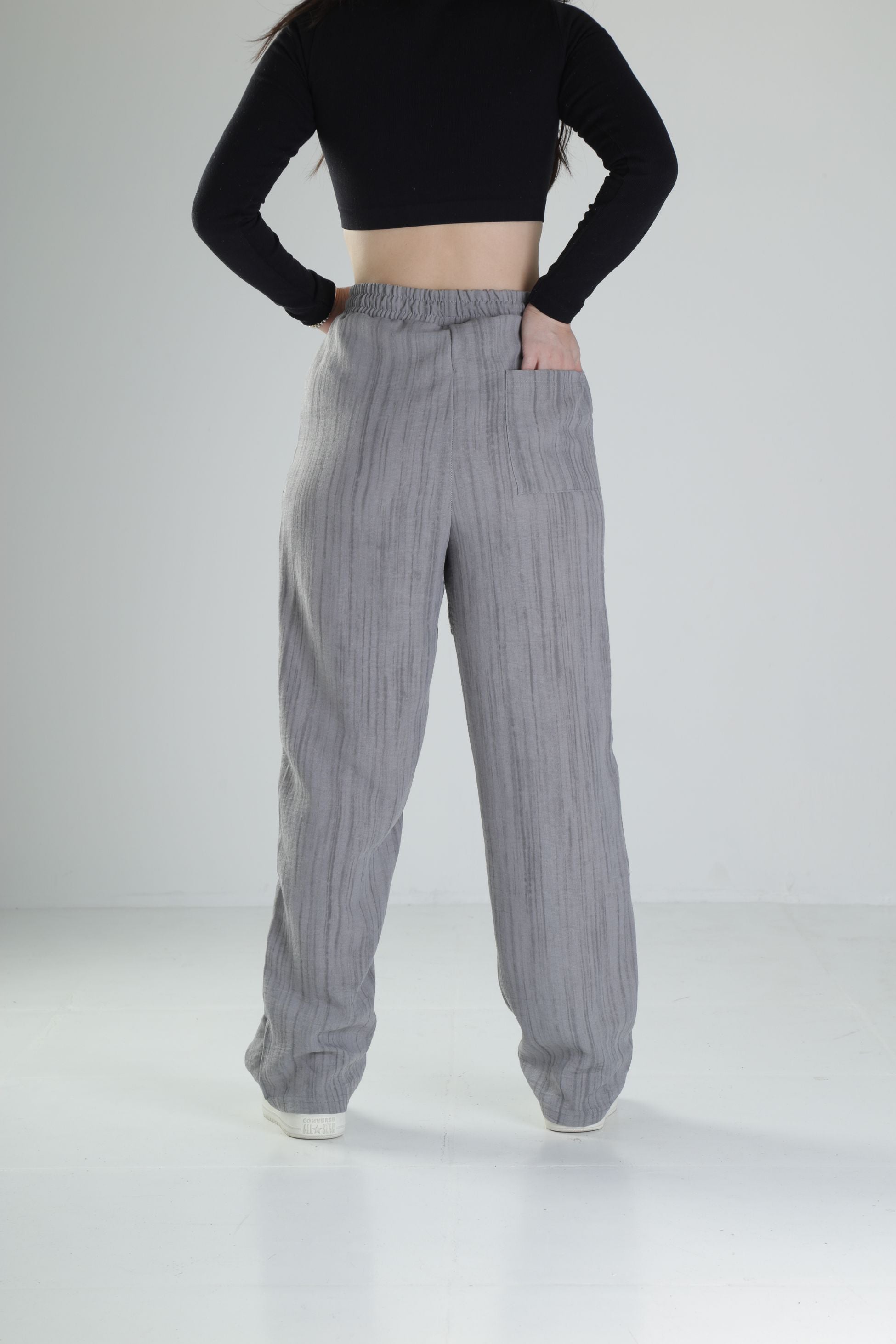 Aerobin Keten Kumaş Gri Baggy Pantolon COC2509