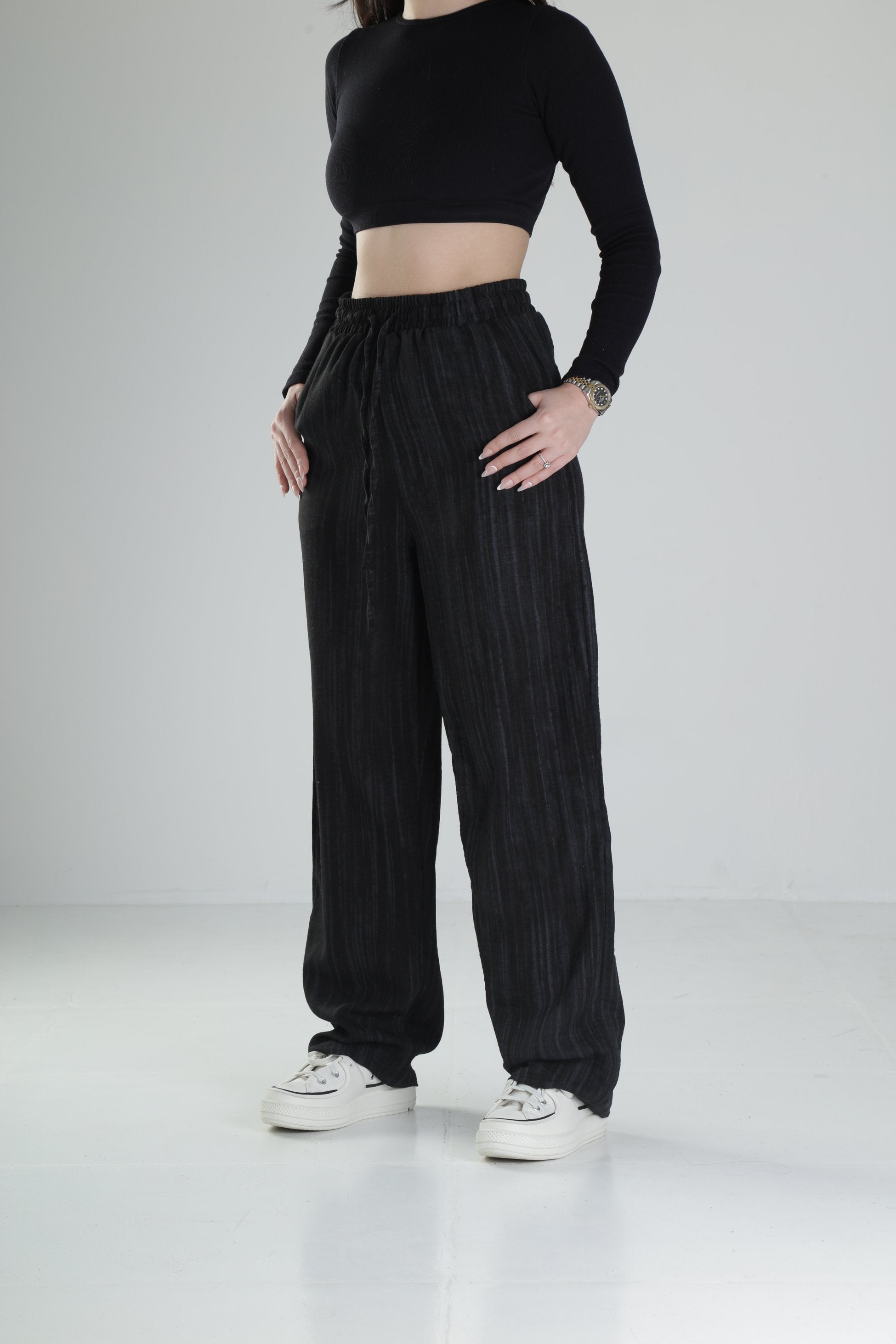 Aerobin Keten Kumaş Siyah Baggy Pantolon COC1881