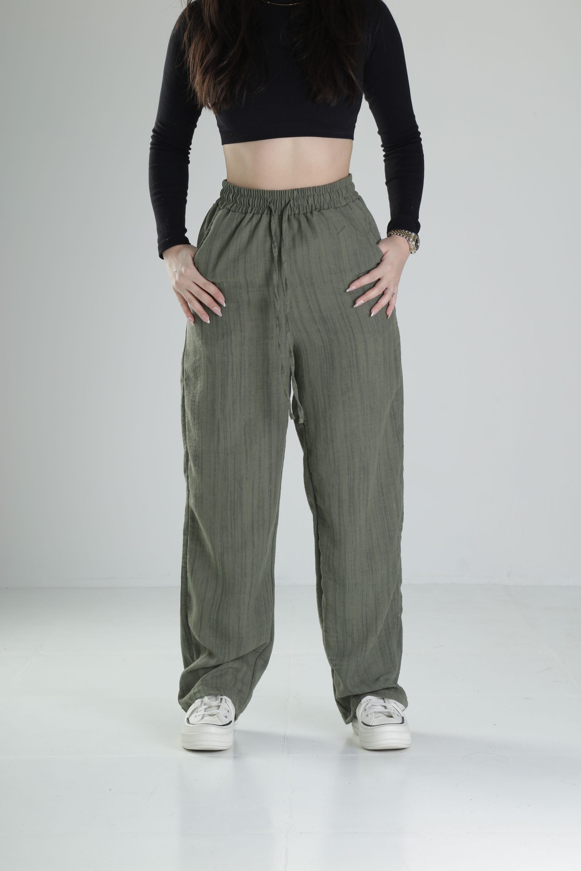 Aerobin Keten Kumaş Yeşil Baggy Pantolon COC2511
