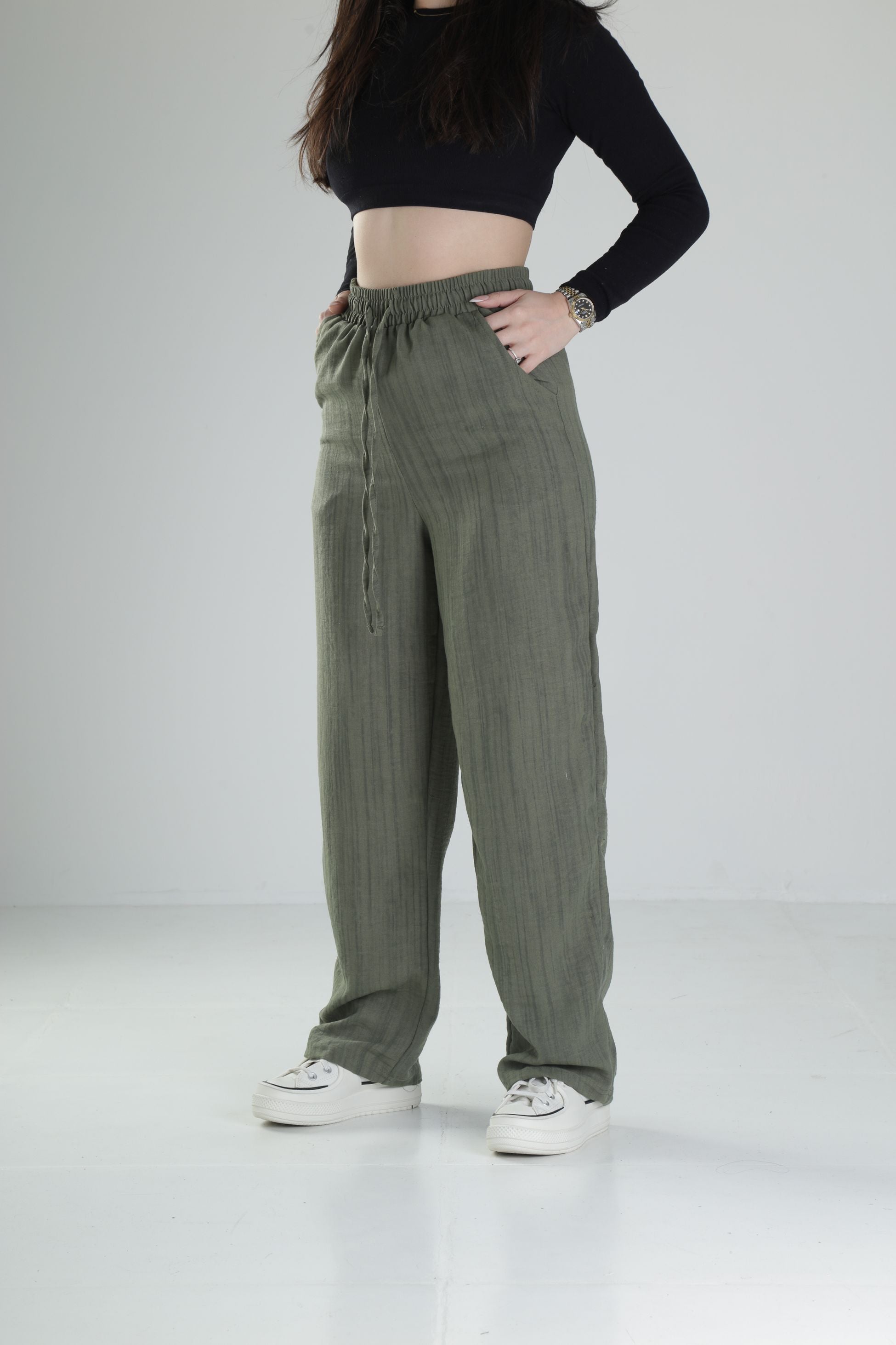 Aerobin Keten Kumaş Yeşil Baggy Pantolon COC2511
