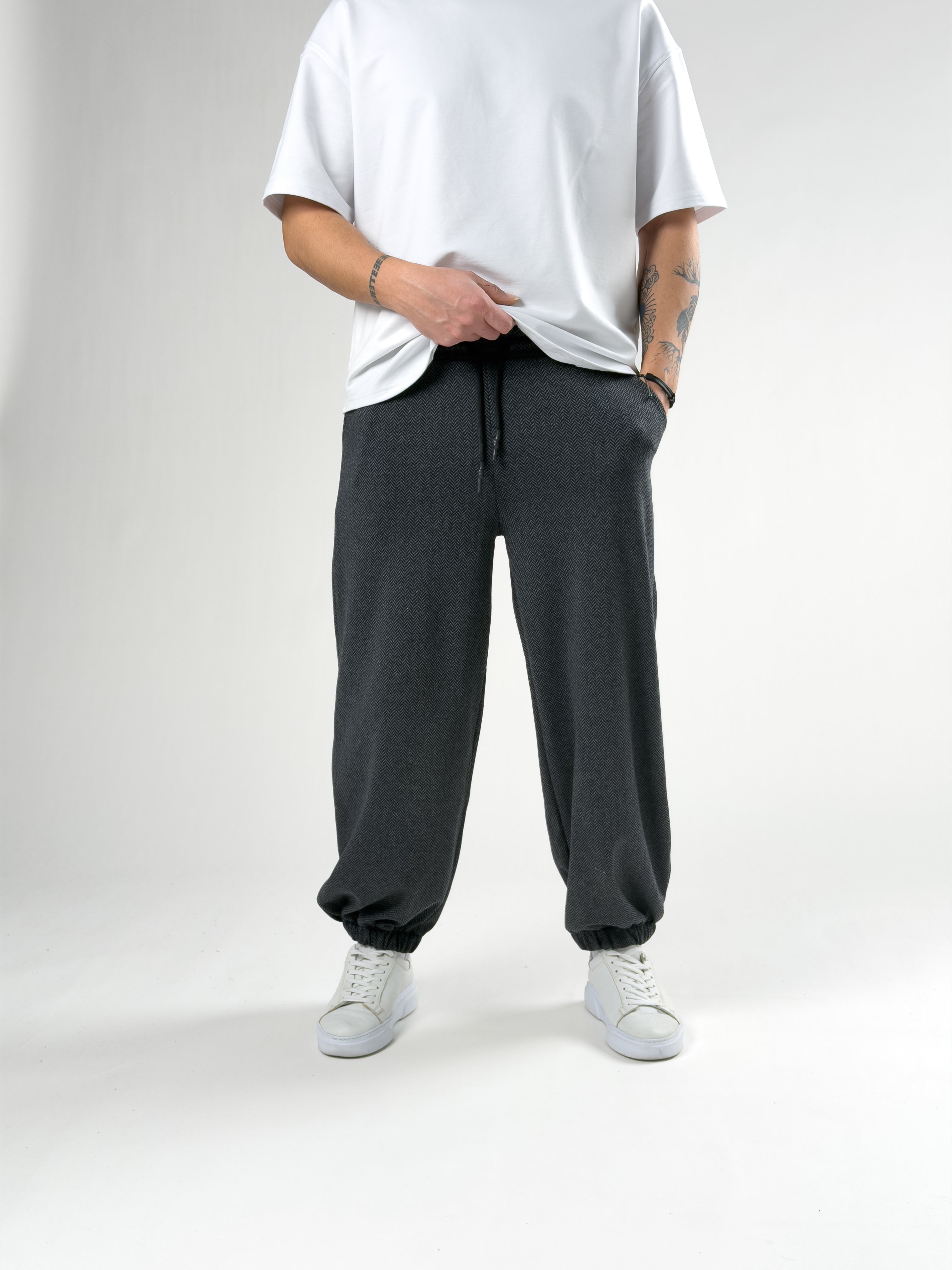 Balık Sırtı Desenli Gri Erkek Baggy Pantolon COC2745