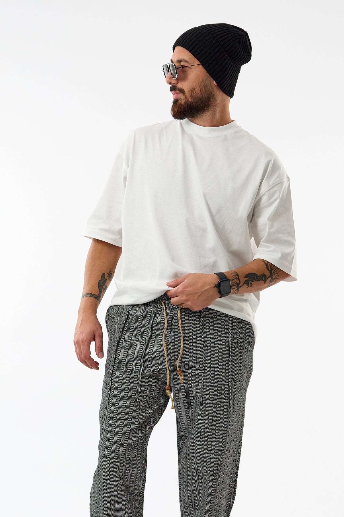 Balıksırtı Büzgülü Dokulu Siyah Beyaz Baggy Erkek Pantolon COC3665