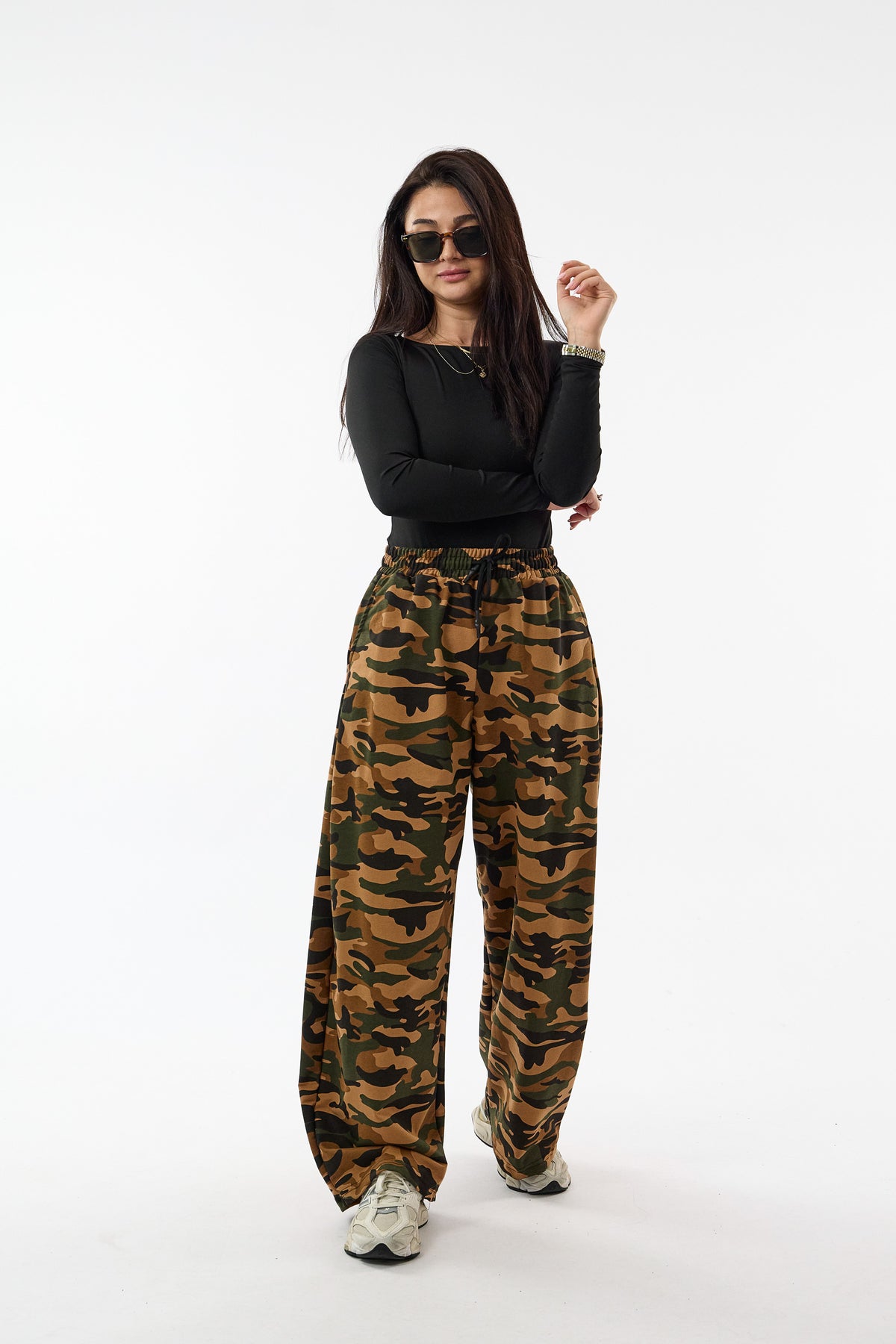 Baskılı Kamuflaj Kahve Baggy Kadın Pantolon COC3705