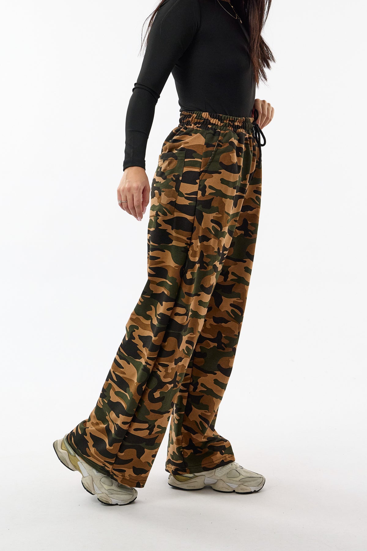Baskılı Kamuflaj Kahve Baggy Kadın Pantolon COC3705