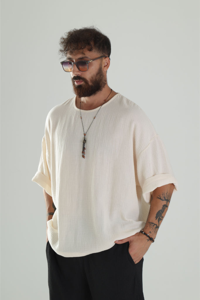 Bej Müslin Kumaş Oversize Fakir Kol T-Shirt COC1298