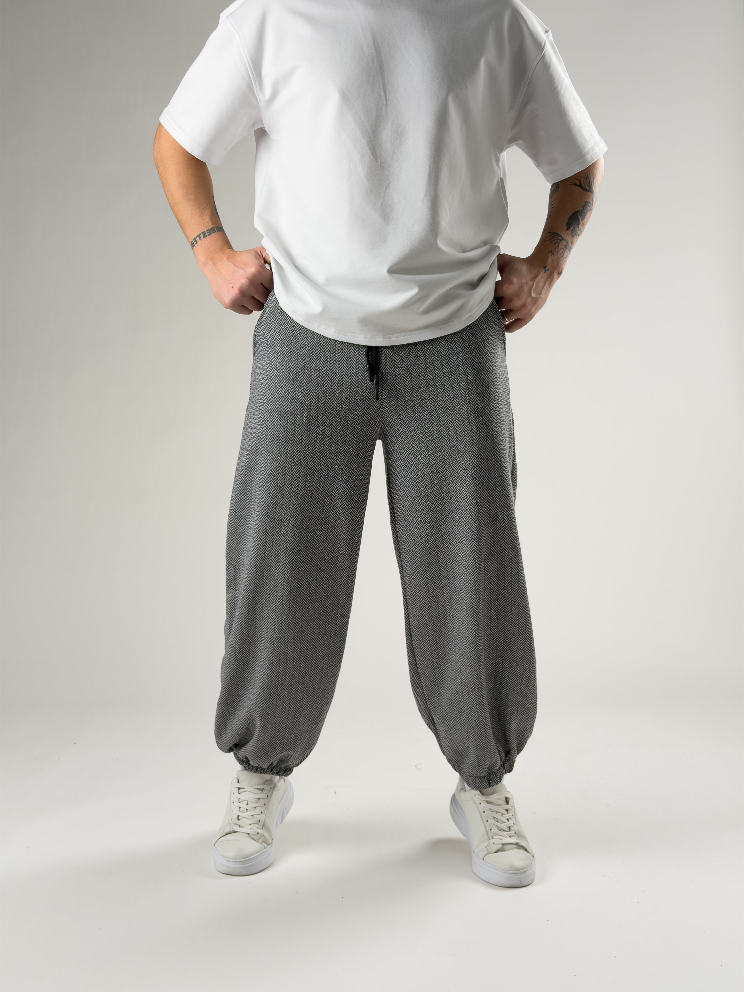 Bol Paça Desenli Gri Erkek Baggy Pantolon COC2727