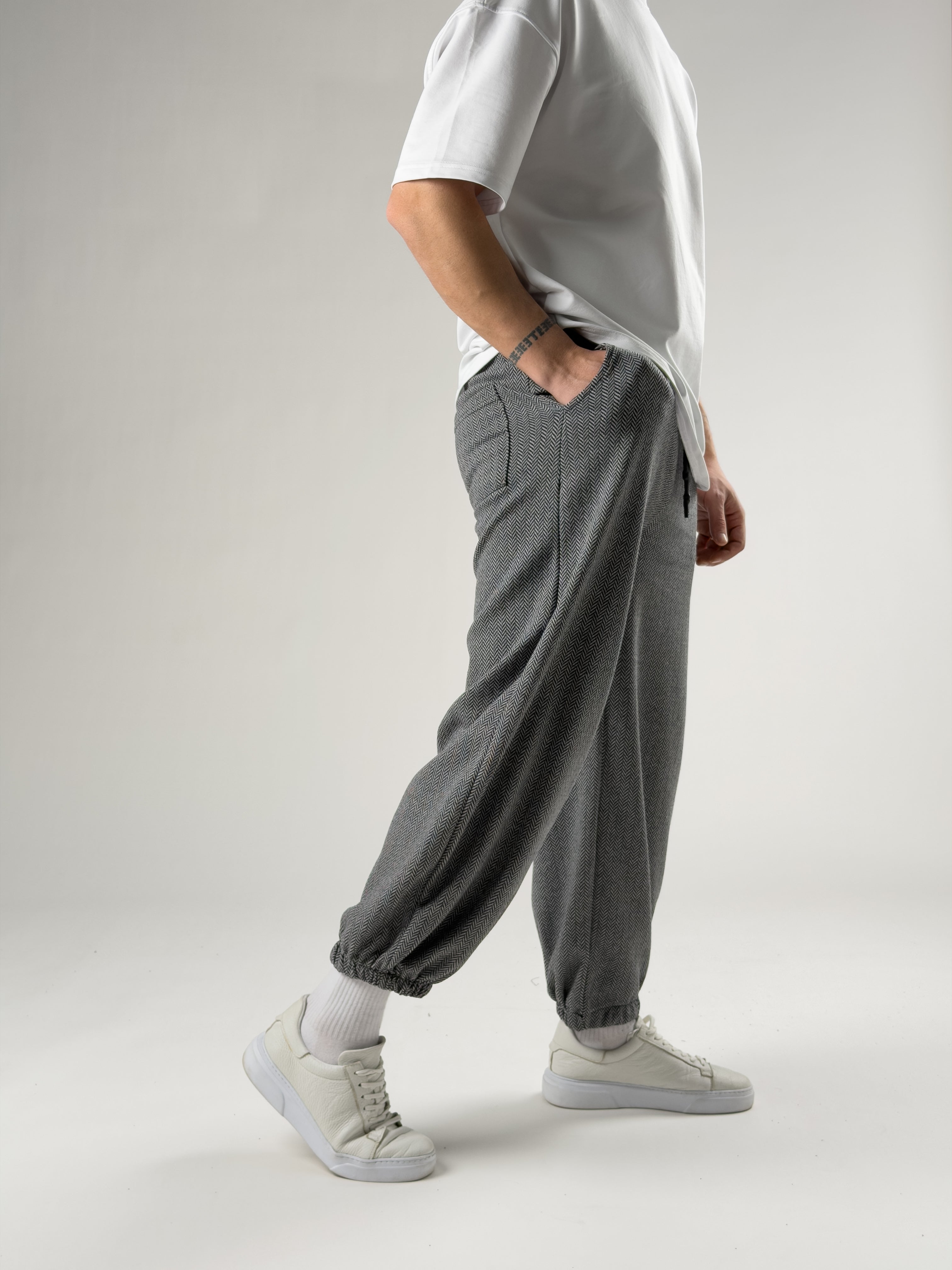 Bol Paça Desenli Gri Erkek Baggy Pantolon COC2727