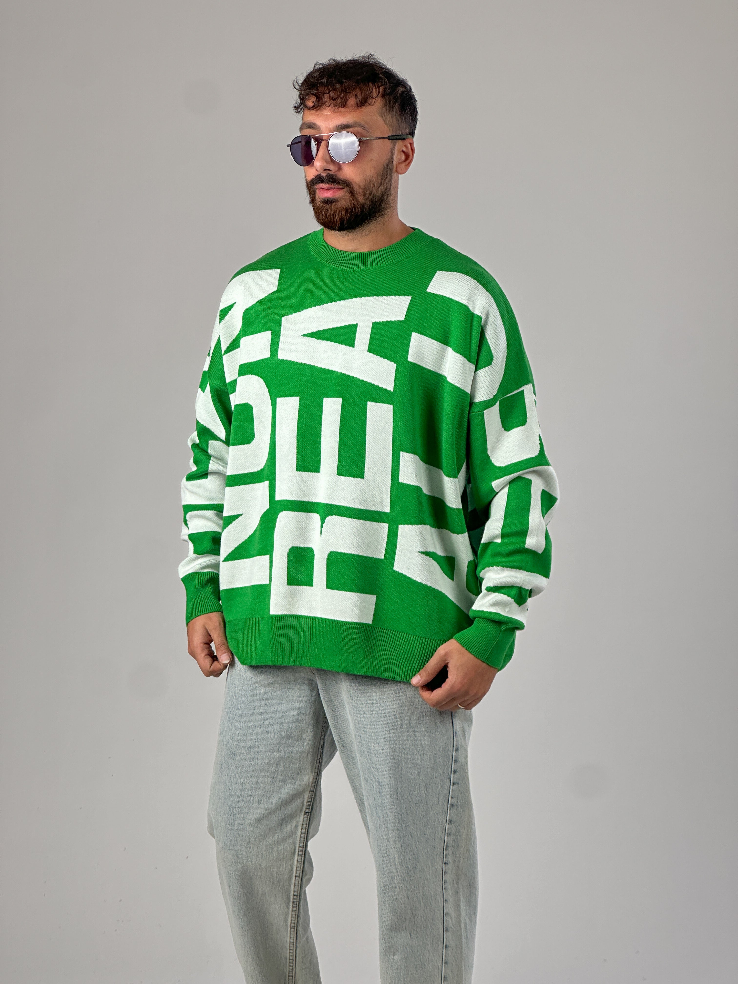 Bold Print Oversize Yeşil Erkek Sweat COC1021