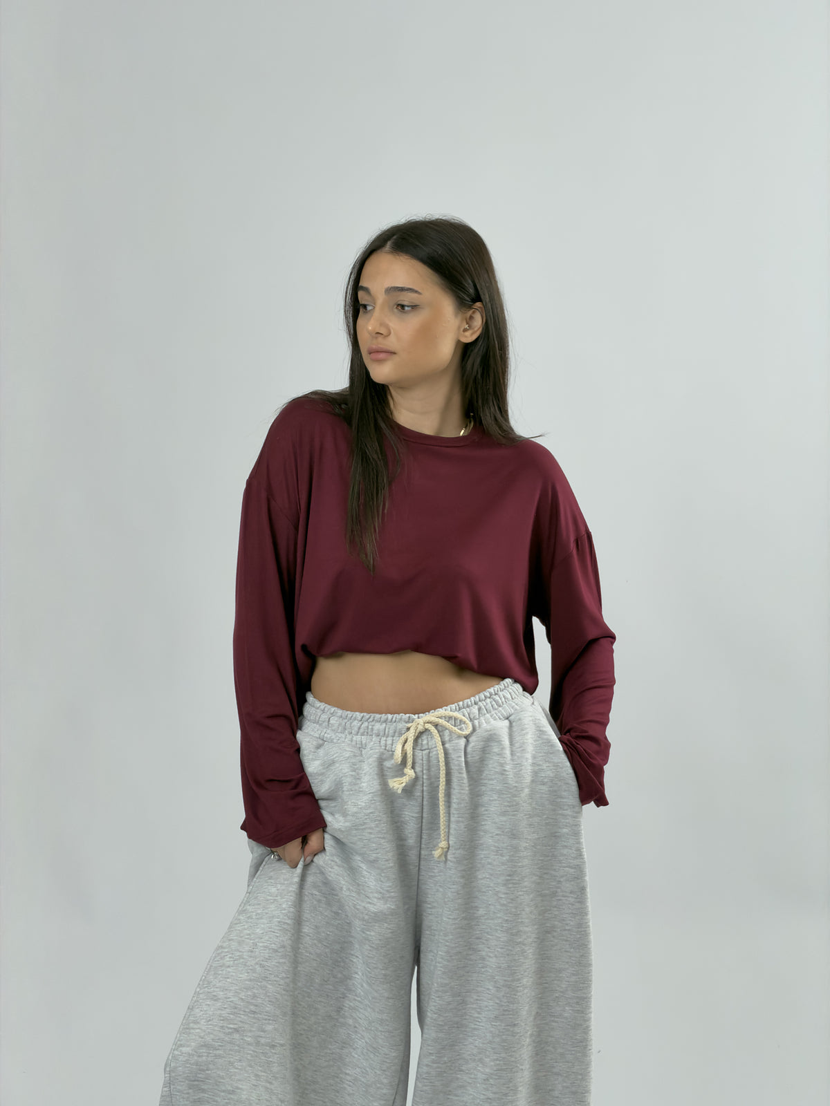 Bordo Bisiklet Yaka Basic Kadın Sweatshirt COC3545