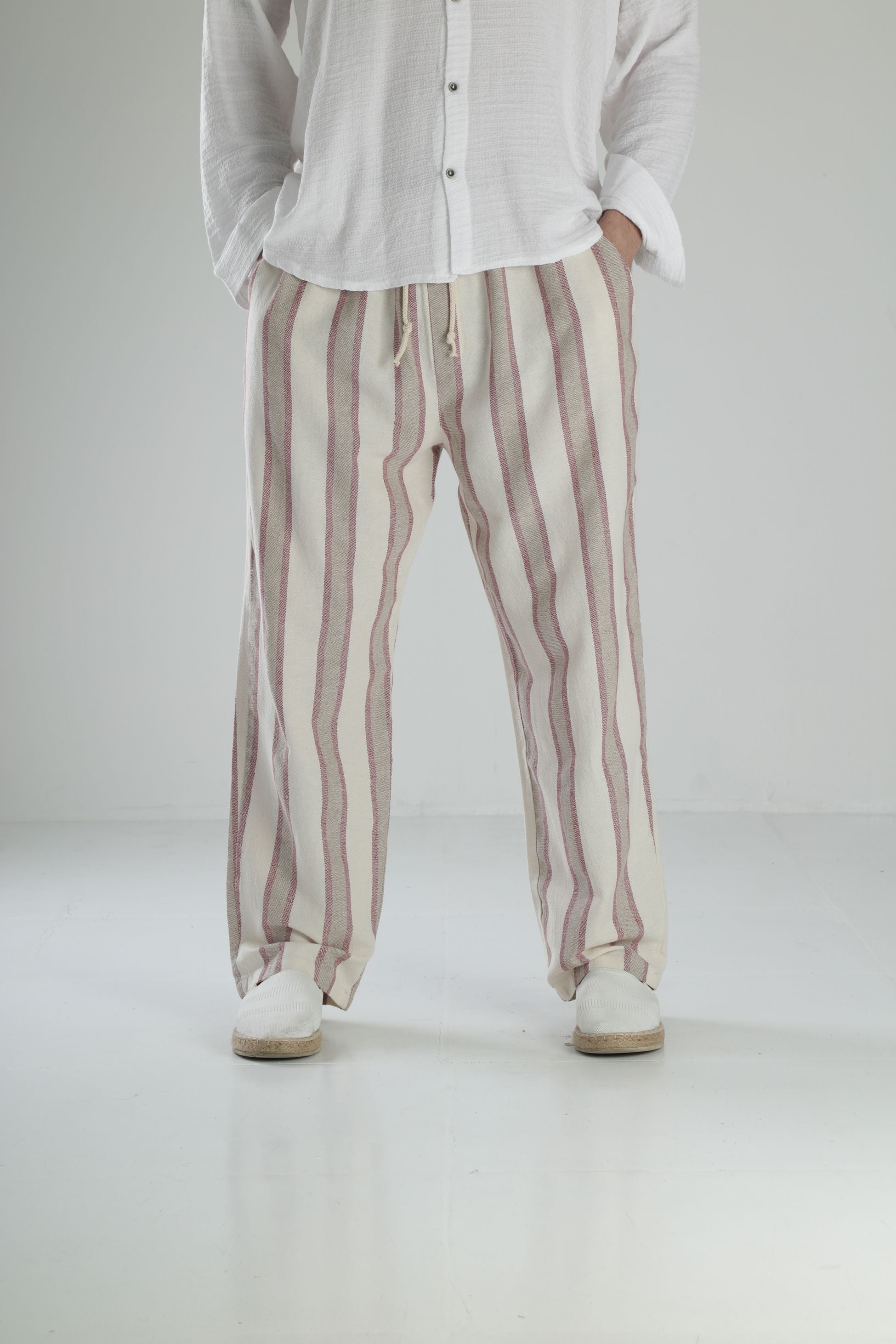 Bordo Çizgili Keten Pantolon COC2453