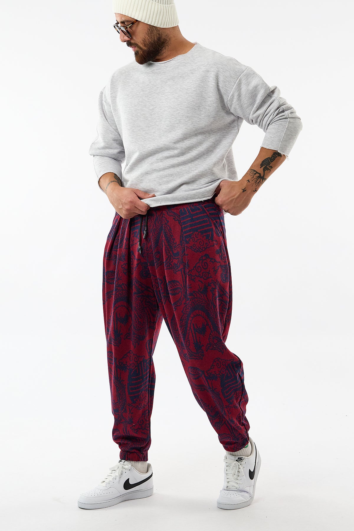 Bordo Dragon Baskılı Esnek Bel Rahat Kesim Jogger Erkek Pantolon COC3652