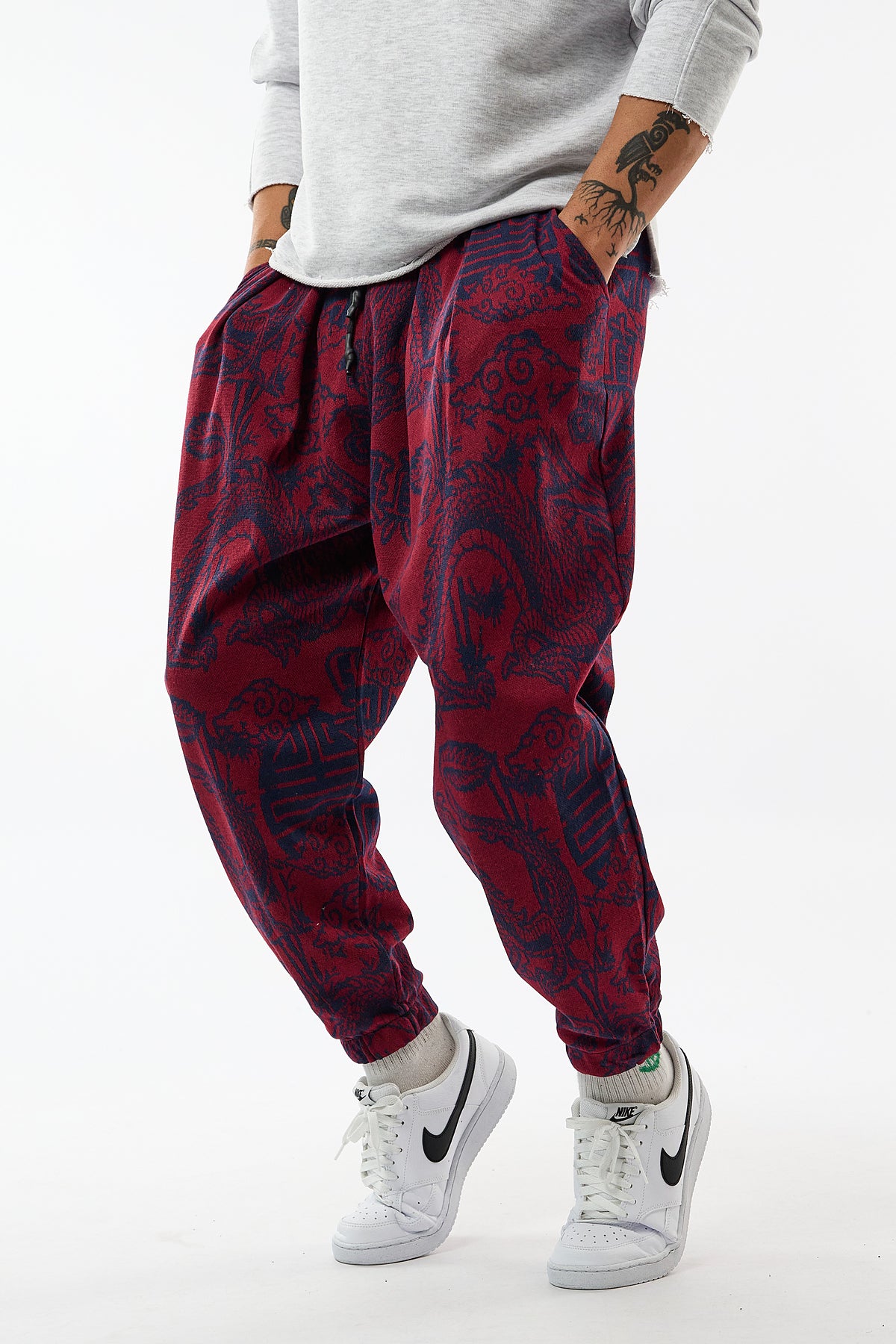 Bordo Dragon Baskılı Esnek Bel Rahat Kesim Jogger Erkek Pantolon COC3652