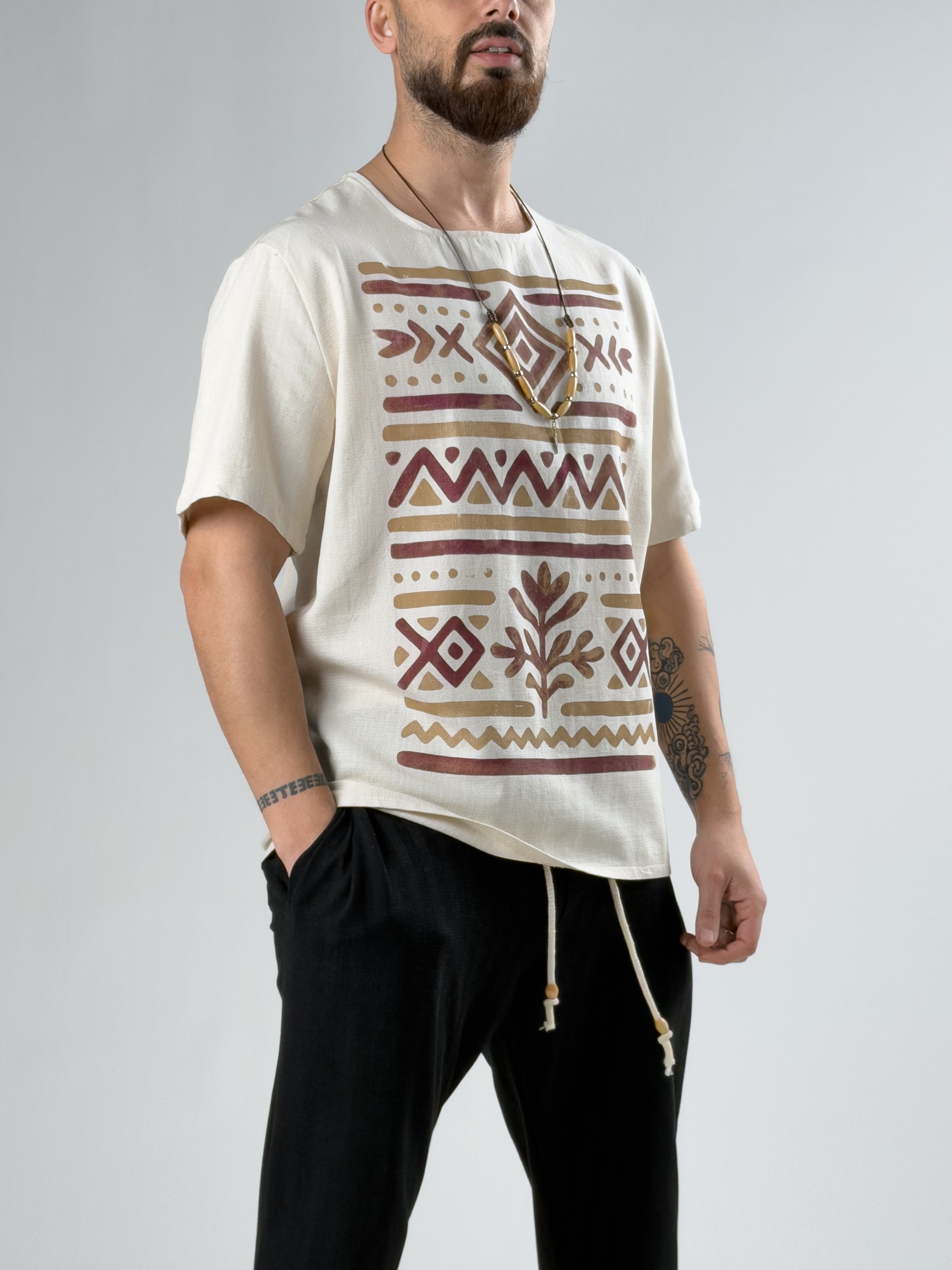 Bordo Etnik Tasarım Erkek T-Shirt COC2871