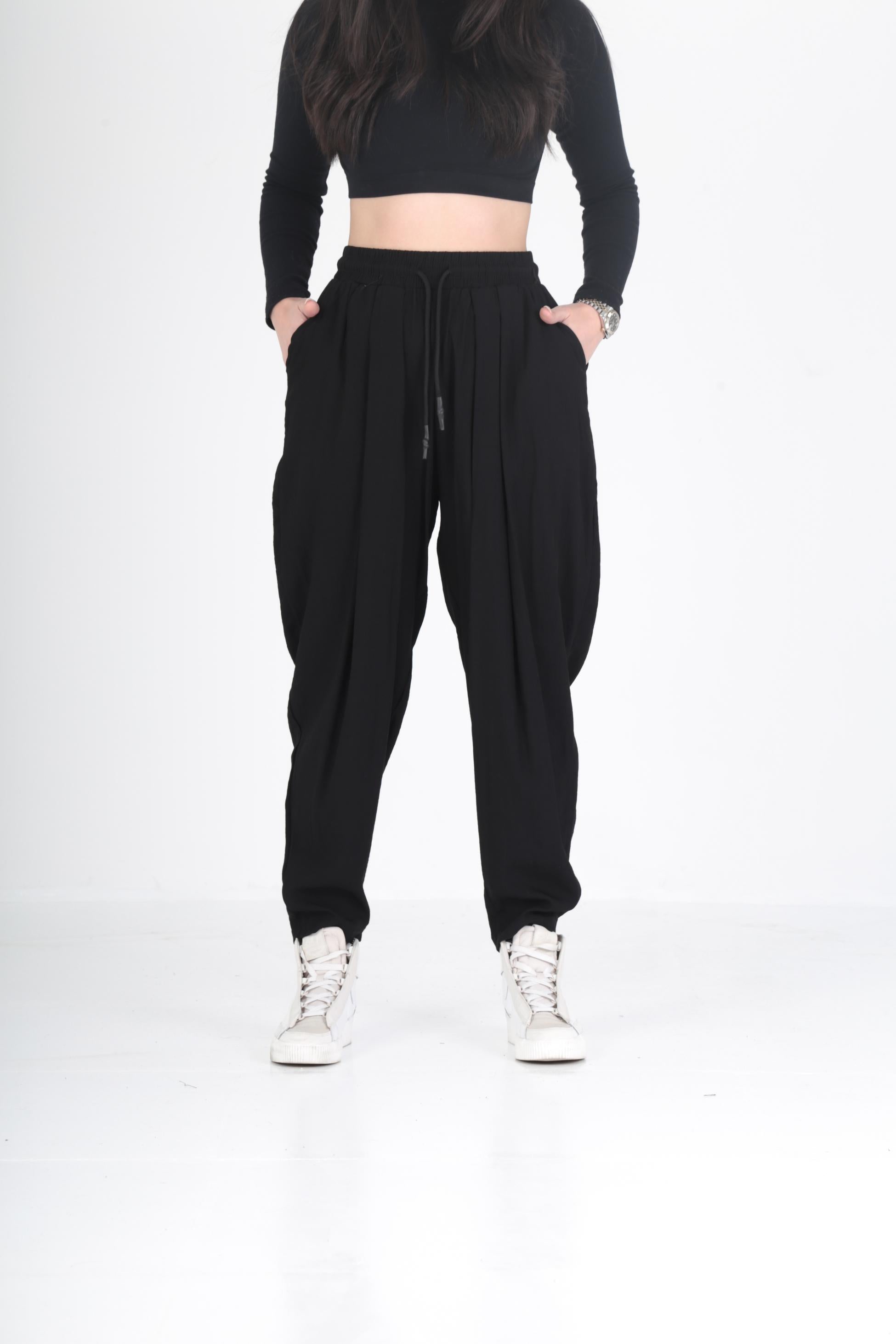 Bürümcük Kumaş Siyah Pileli Jogger Pantolon COC2479