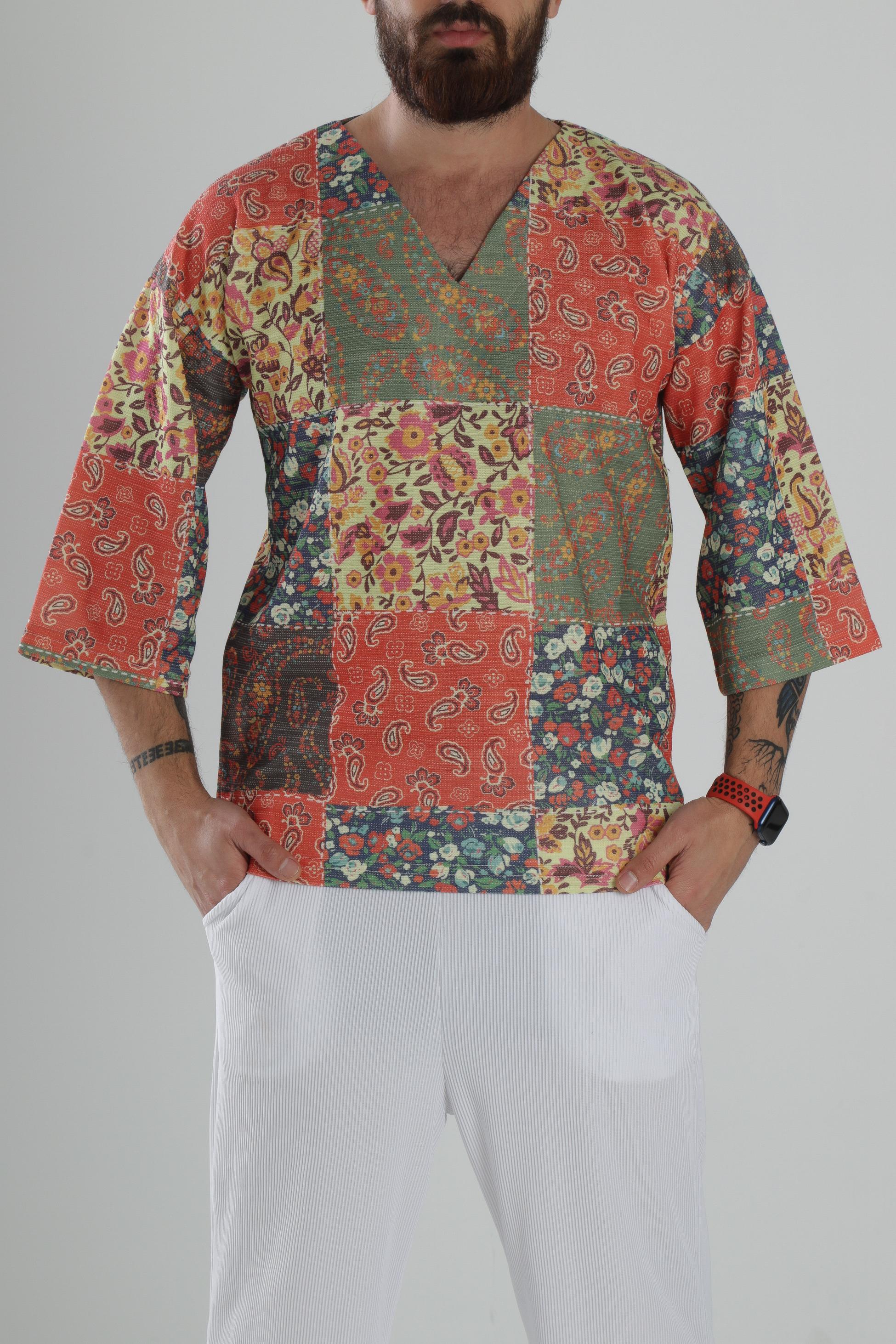Çiçek Desenli Fakir Kol T-Shirt COC1743