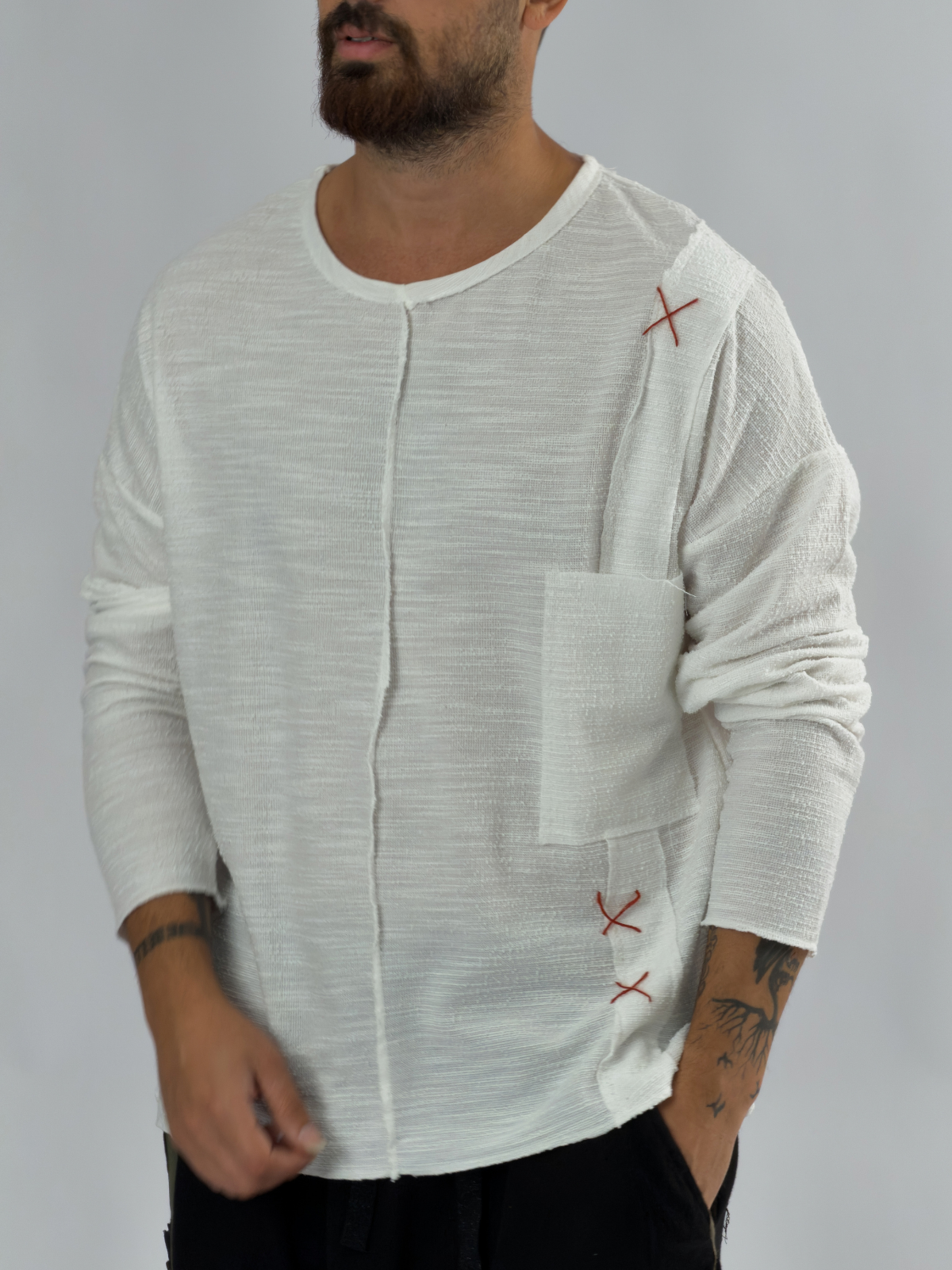 Cepli Tasarım Dikişli Beyaz Erkek Sweatshirt COC3459