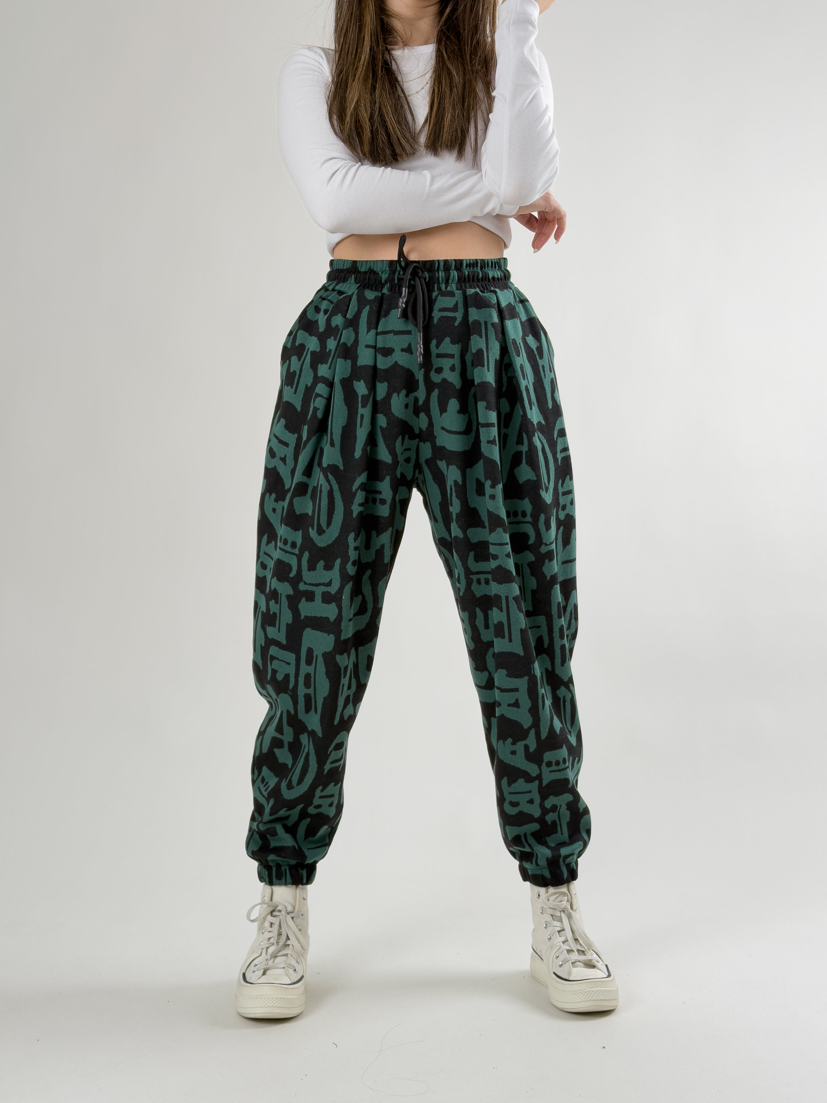 Chinese Desenli Yeşil Kadın Jogger Pantolon COC2743