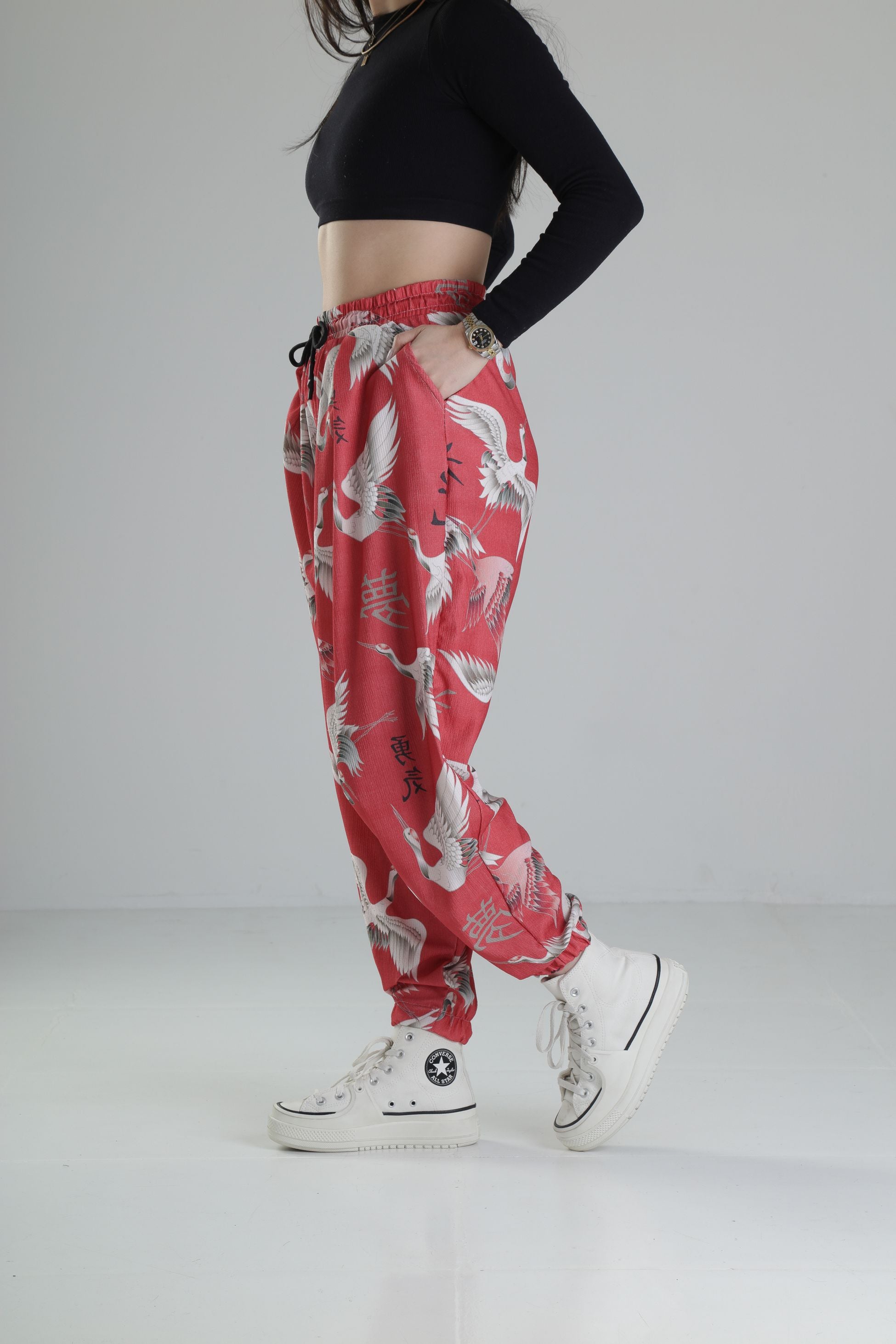 Chinese Kuş Desenli Pileli Jogger COC2326