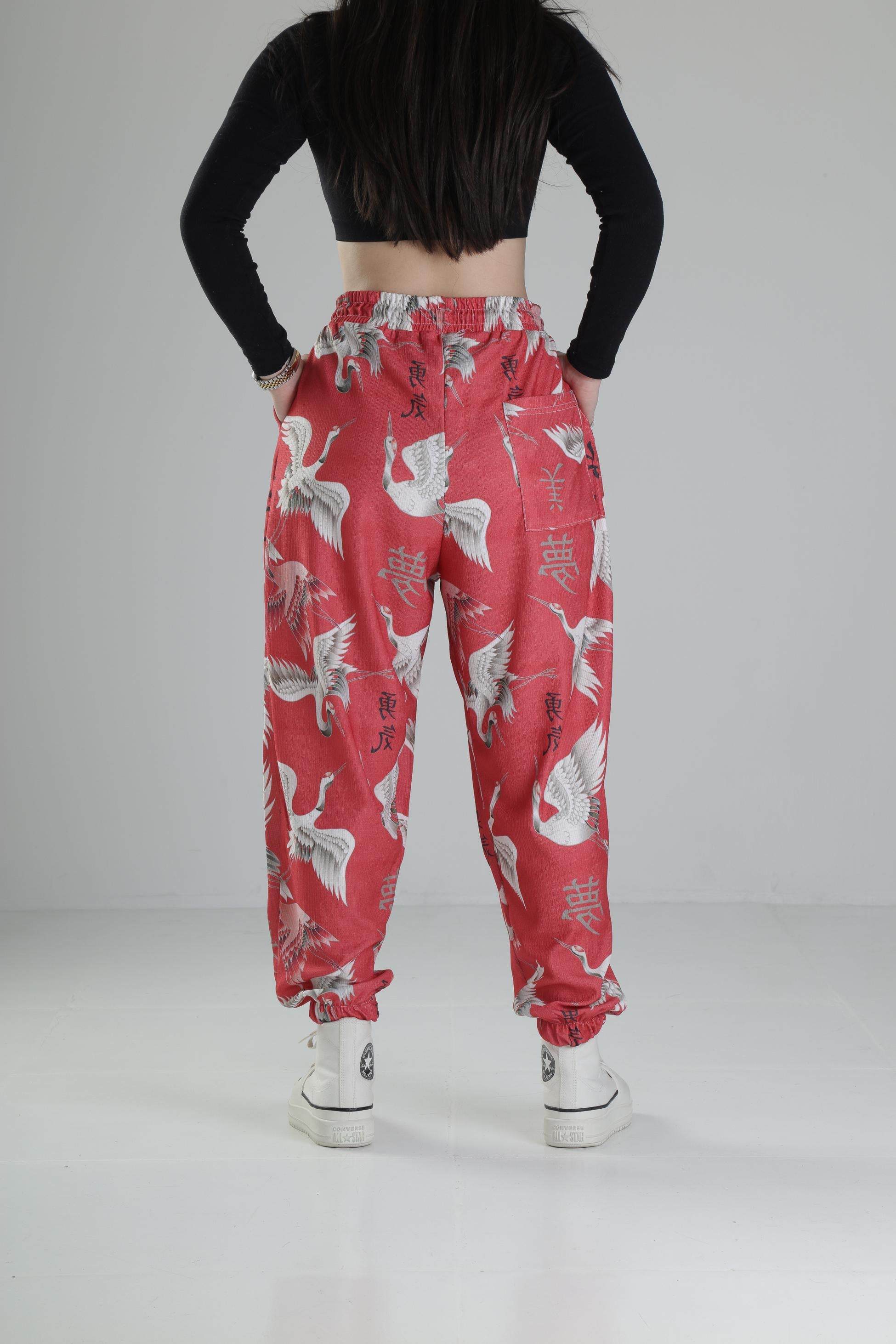 Chinese Kuş Desenli Pileli Jogger COC2326