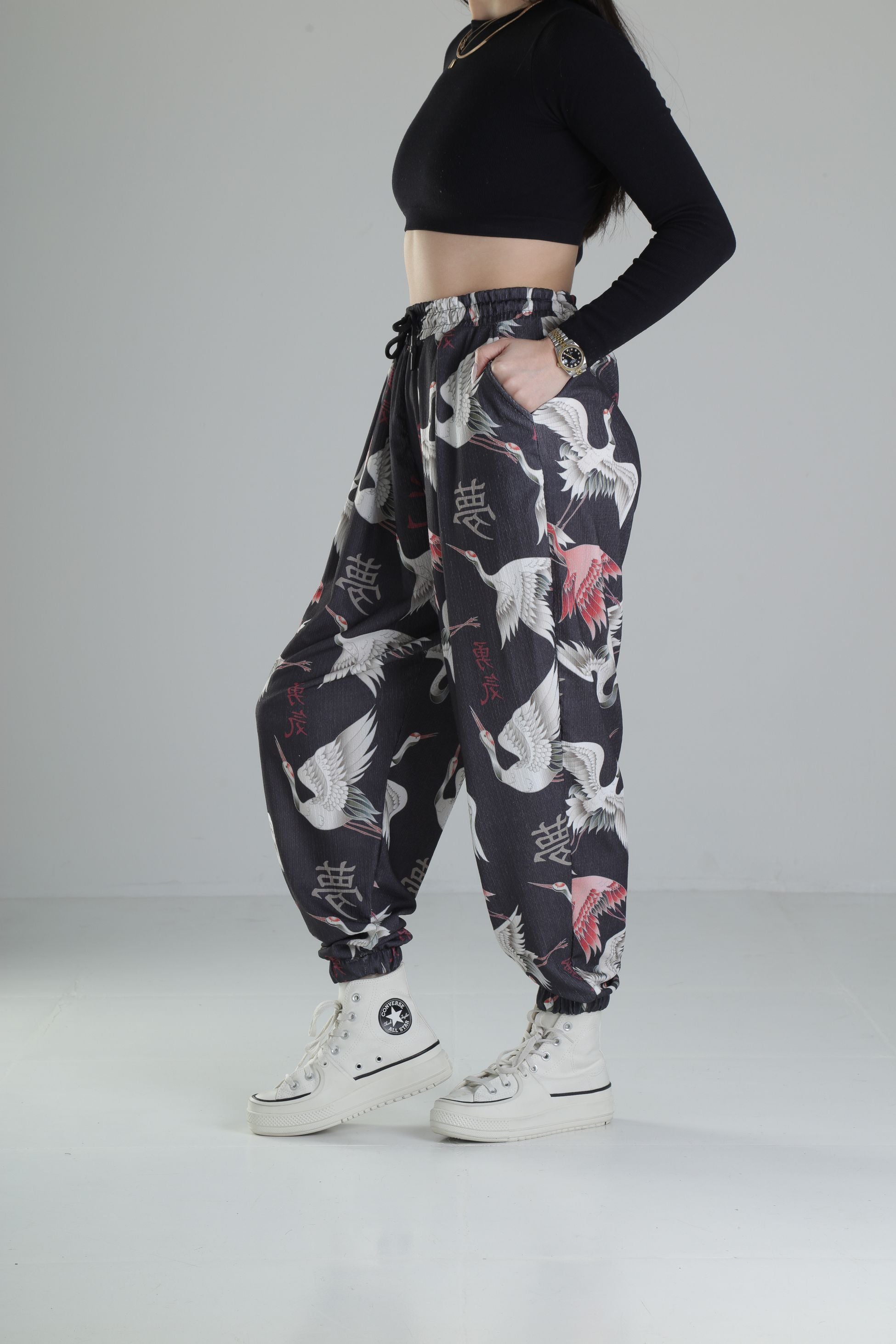 Chinese Kuş Desenli Pileli Jogger COC2327