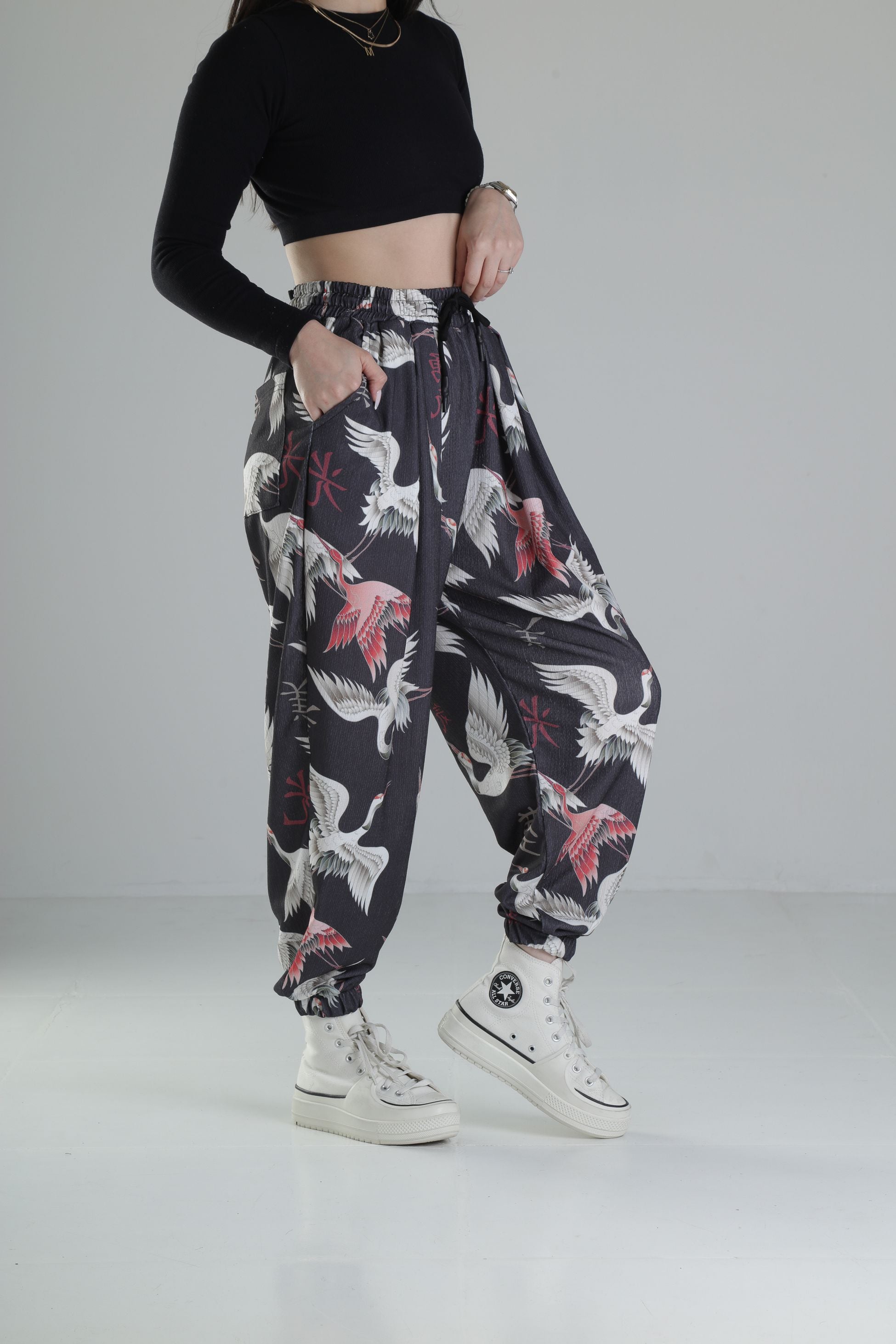Chinese Kuş Desenli Pileli Jogger COC2327