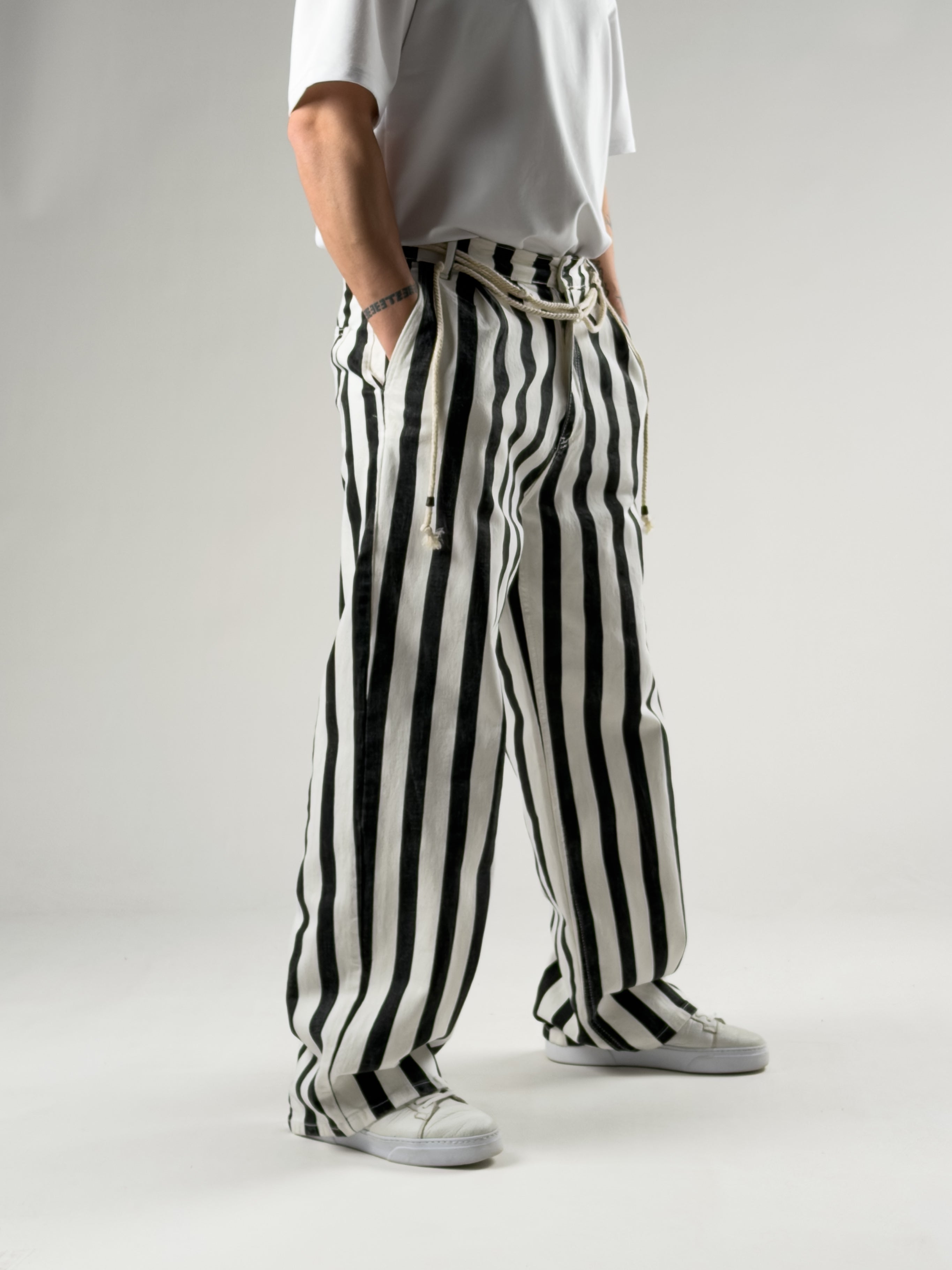 Çizgili Baggy Erkek Kot Pantolon COC2800