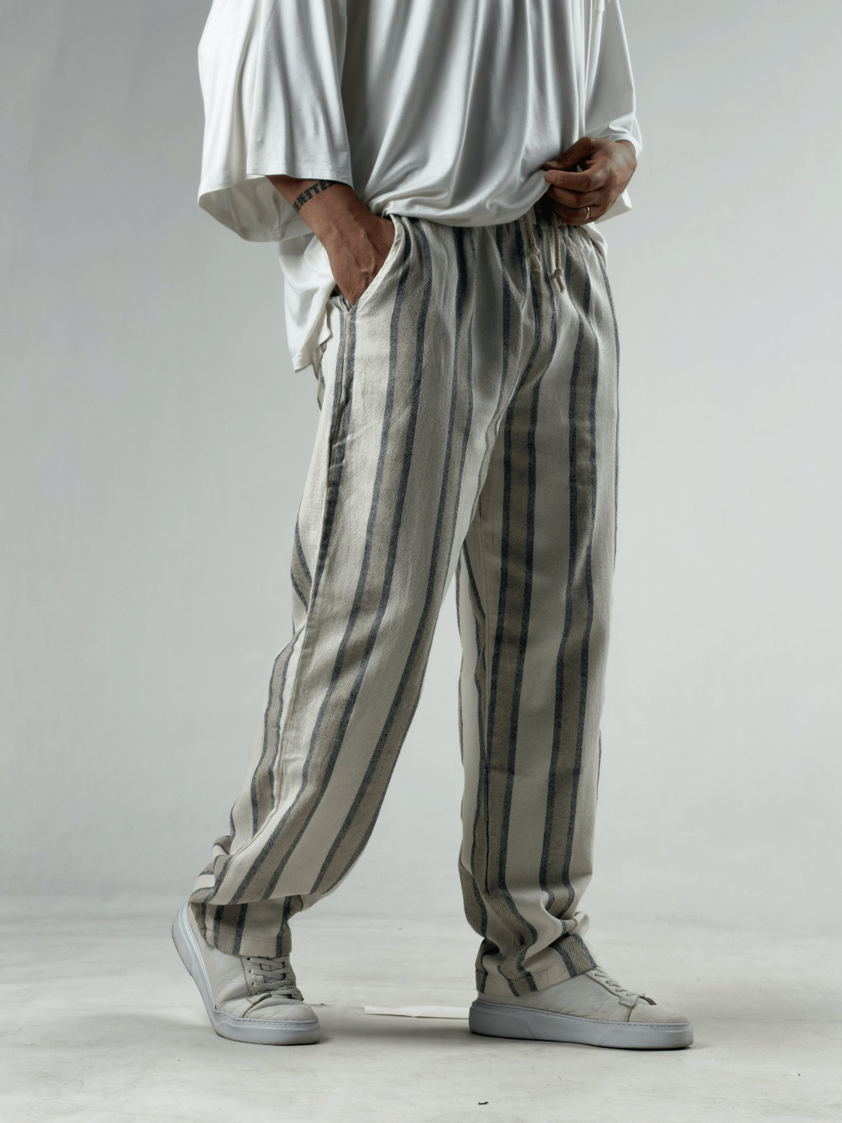 Çizgili Bej Keten Erkek Baggy Pantolon COC3290