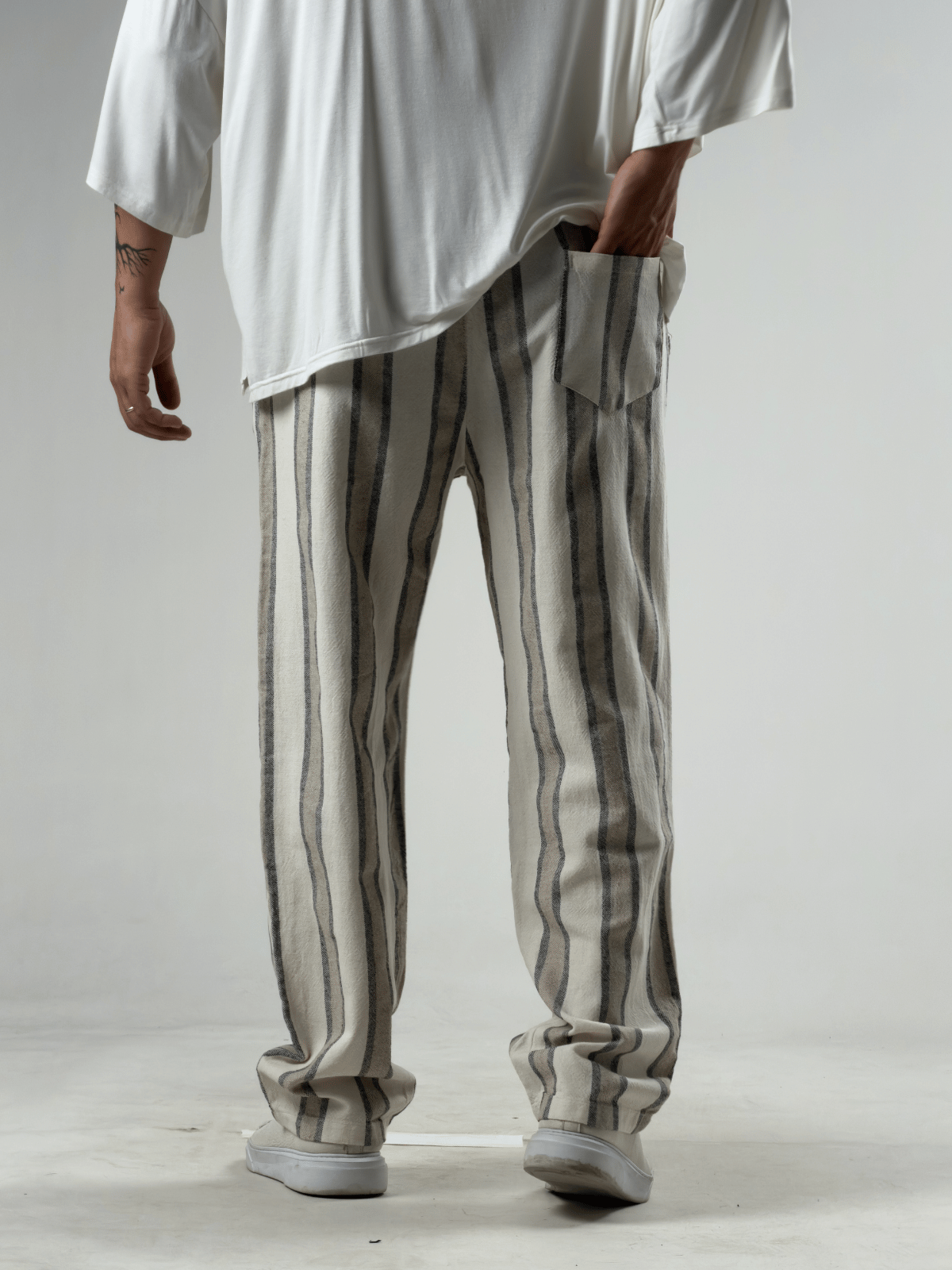 Çizgili Bej Keten Erkek Baggy Pantolon COC3290