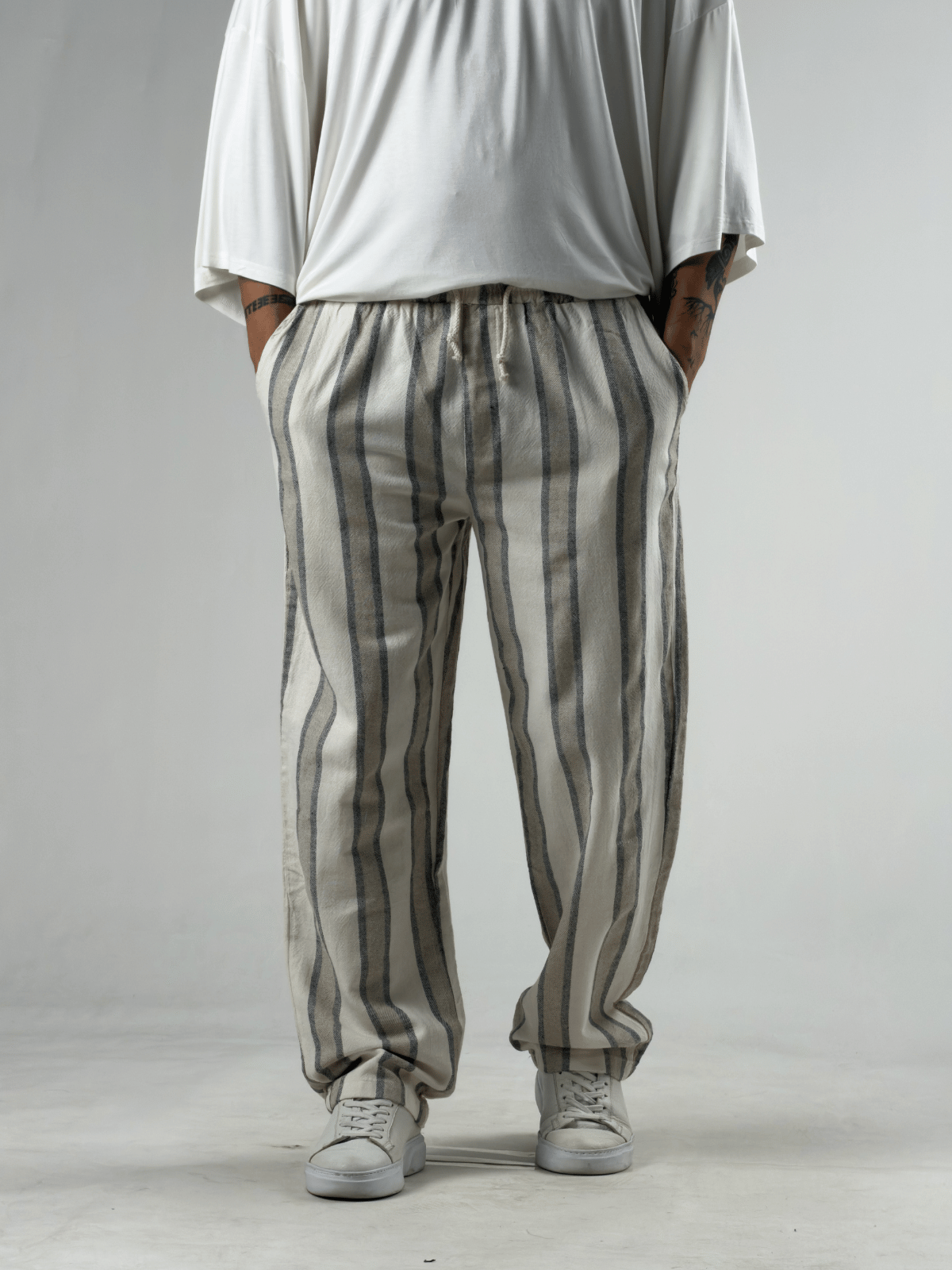 Çizgili Bej Keten Erkek Baggy Pantolon COC3290