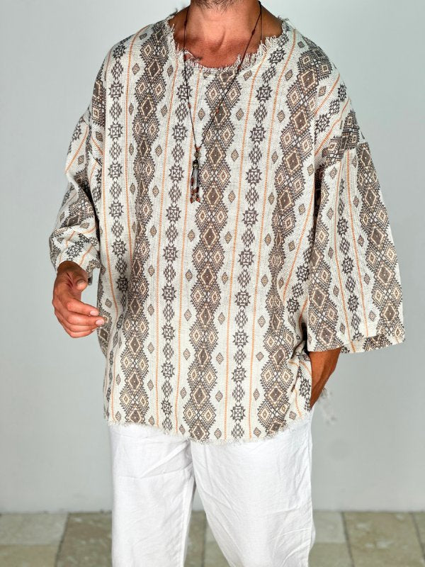 Çizgili Desenli Bohem Fakir Kol T-Shirt COC1873