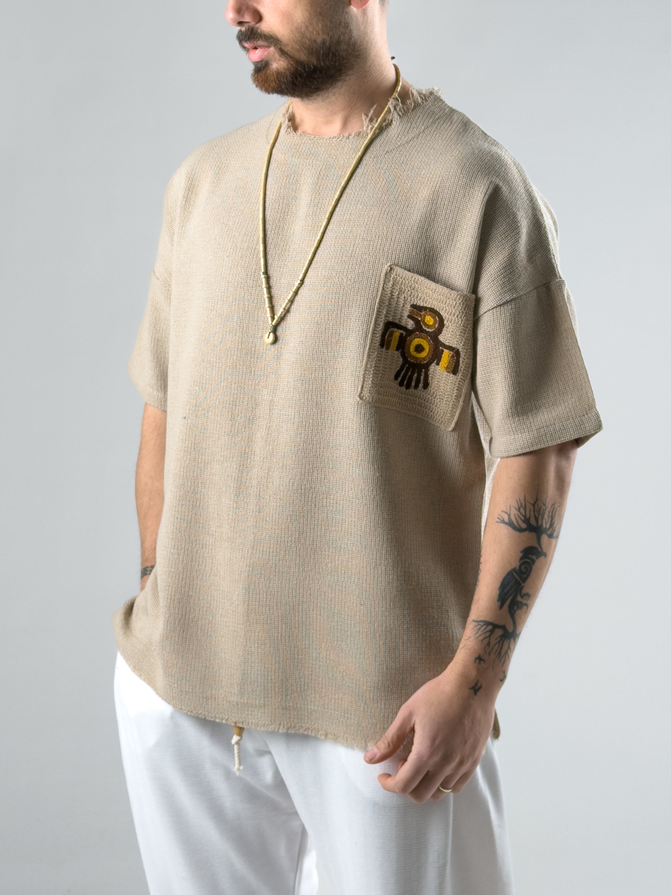 Desenli Cep Detaylı Kahverengi Bohem T-Shirt COC2982