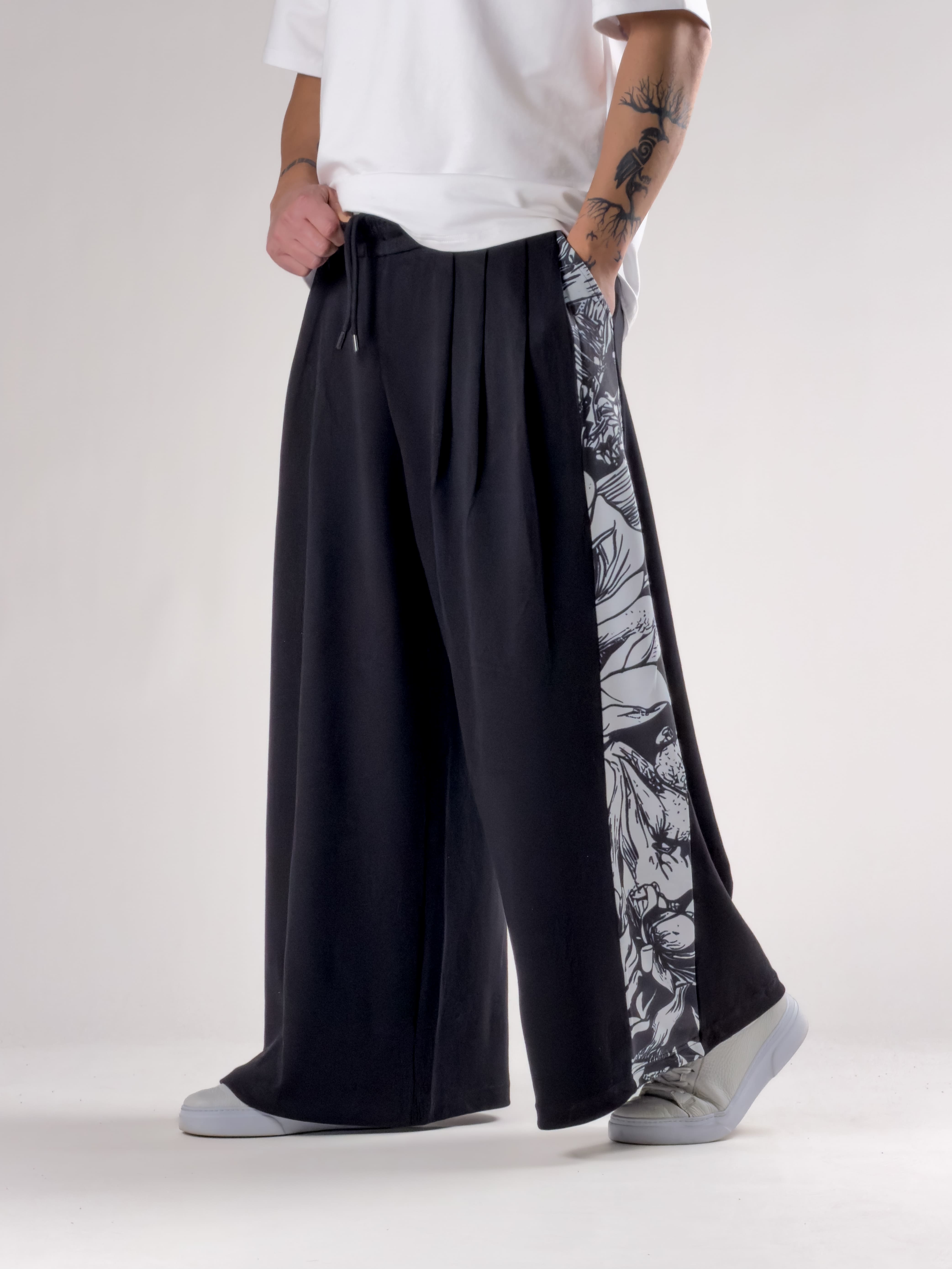 Desenli Siyah Oversize Erkek Samurai Pantolon COC2771