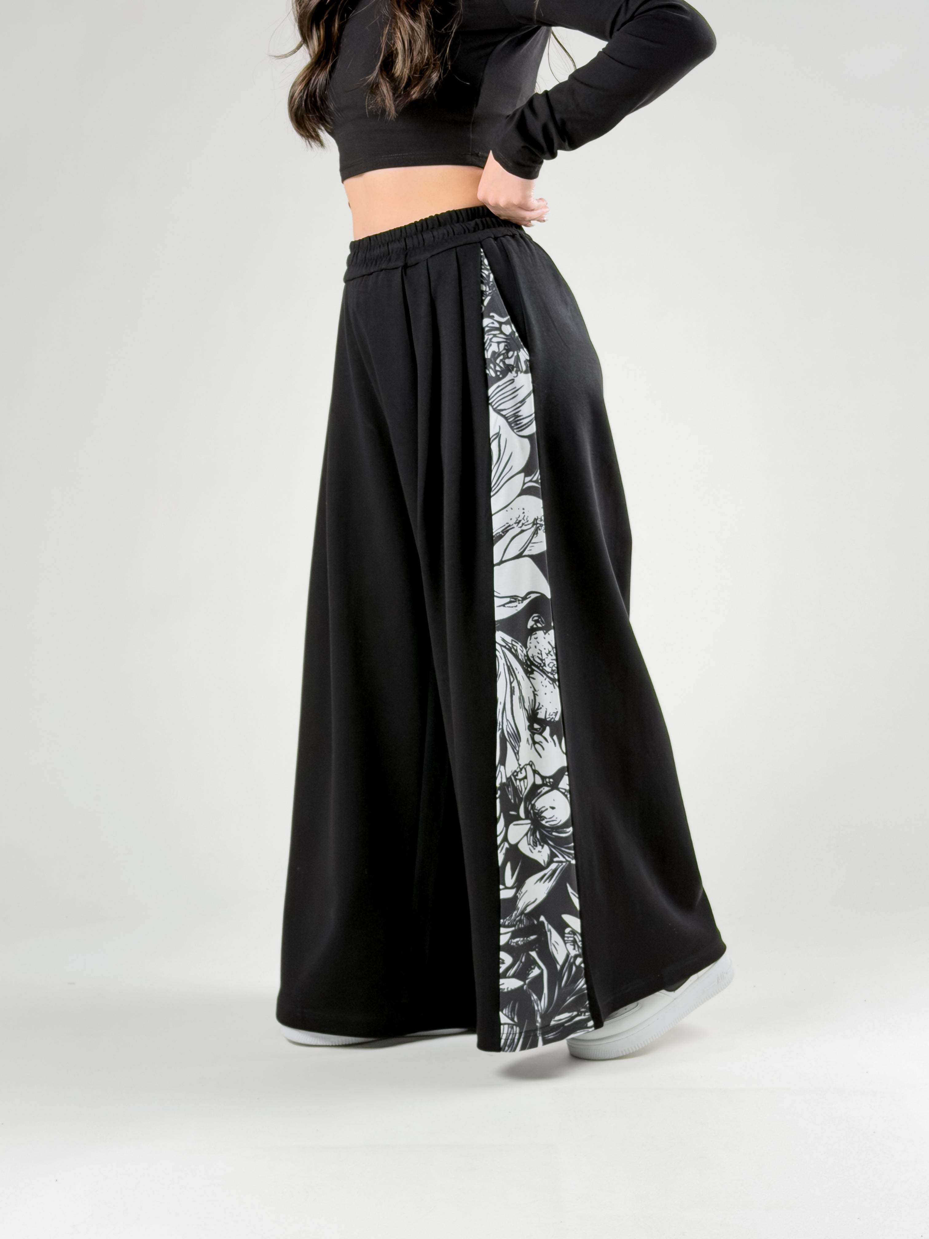 Desenli Siyah Oversize Kadın Samurai Pantolon COC2775