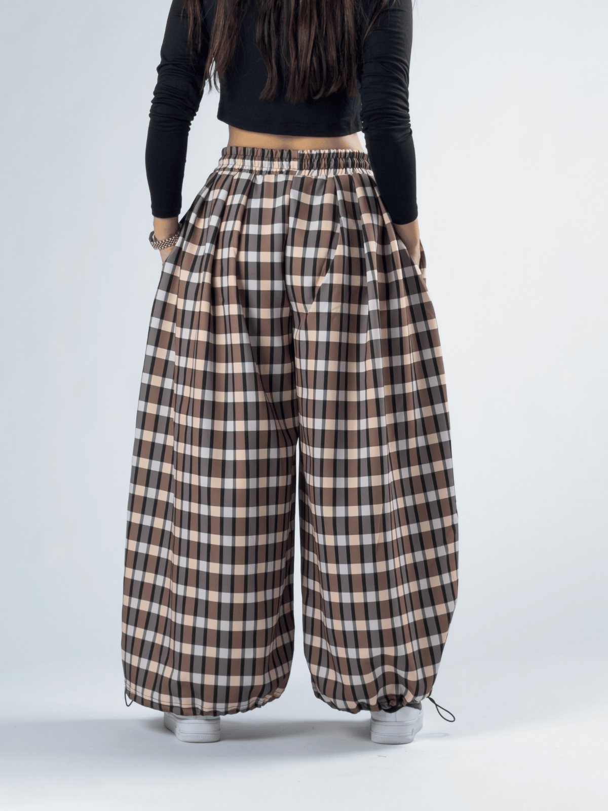 Ekose Paça Ayarlamalı Süper Oversize Kadın Pantolon COC3365