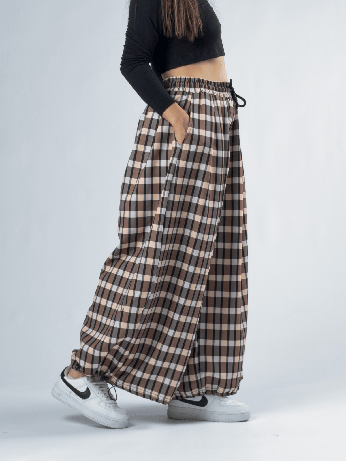 Ekose Paça Ayarlamalı Süper Oversize Kadın Pantolon COC3365