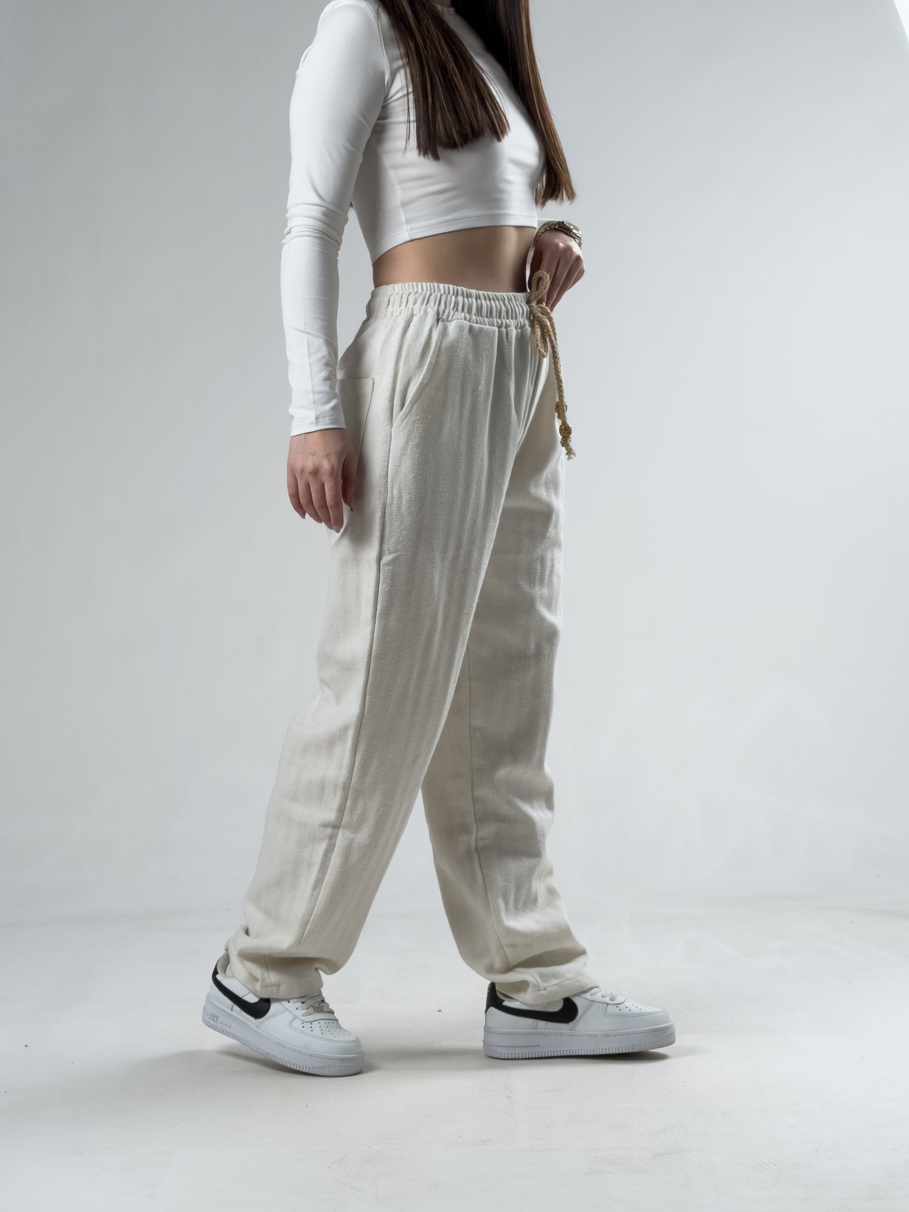 Ekru Gabardin Kumaş Kadın Baggy Pantolon COCK0010