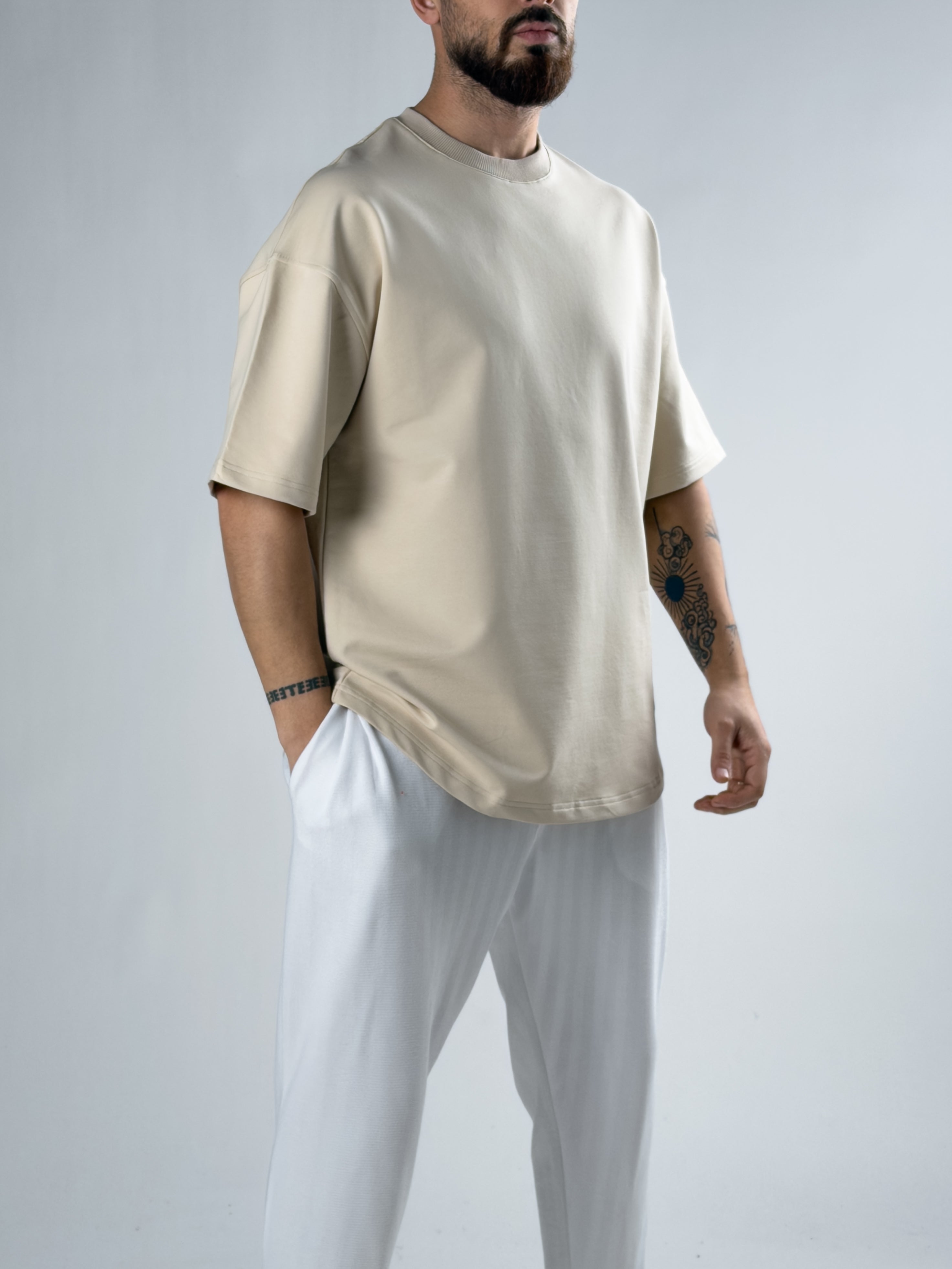Erkek Bej Basic Oversize T-shirt COC2913