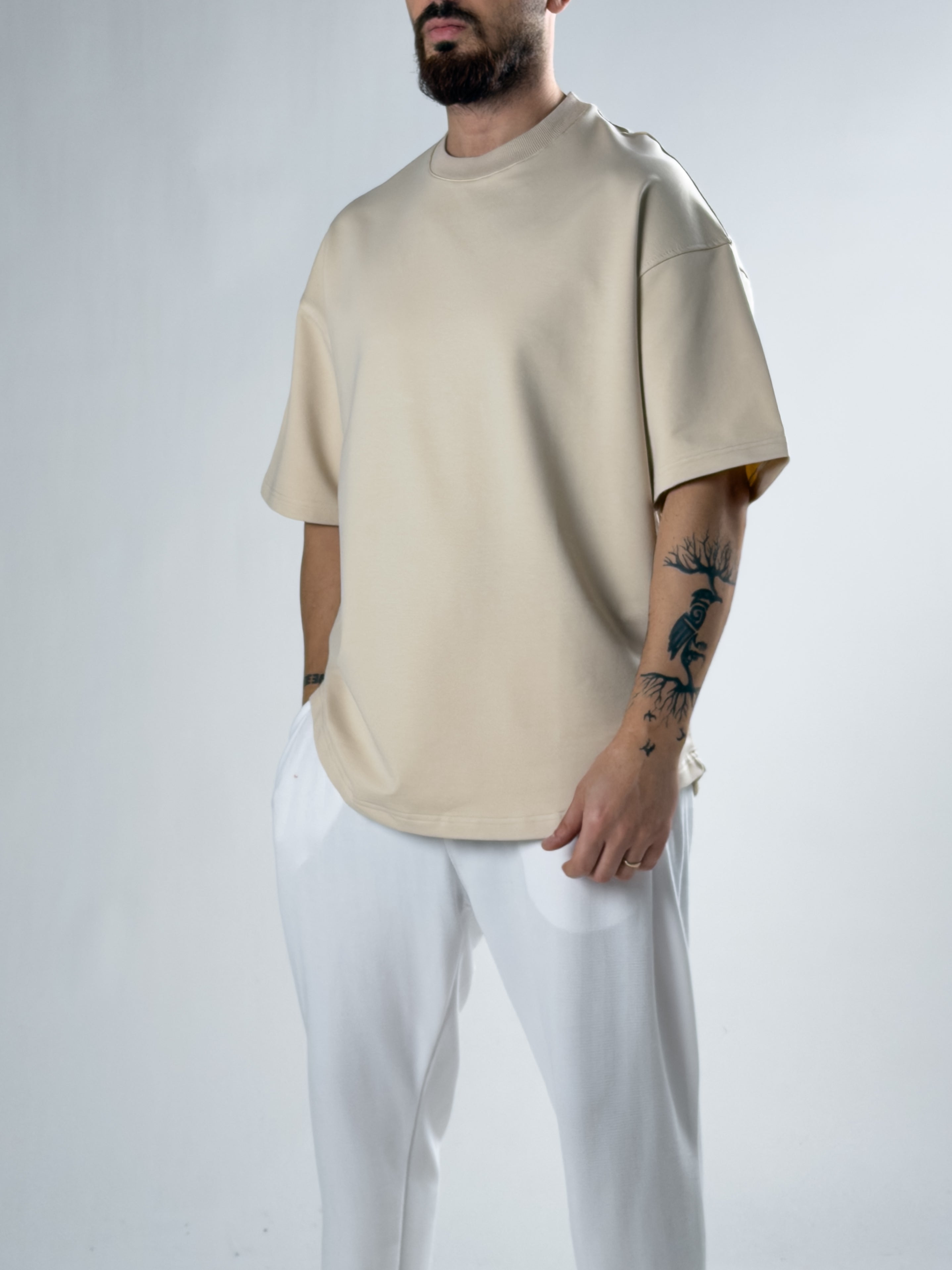 Erkek Bej Basic Oversize T-shirt COC2913
