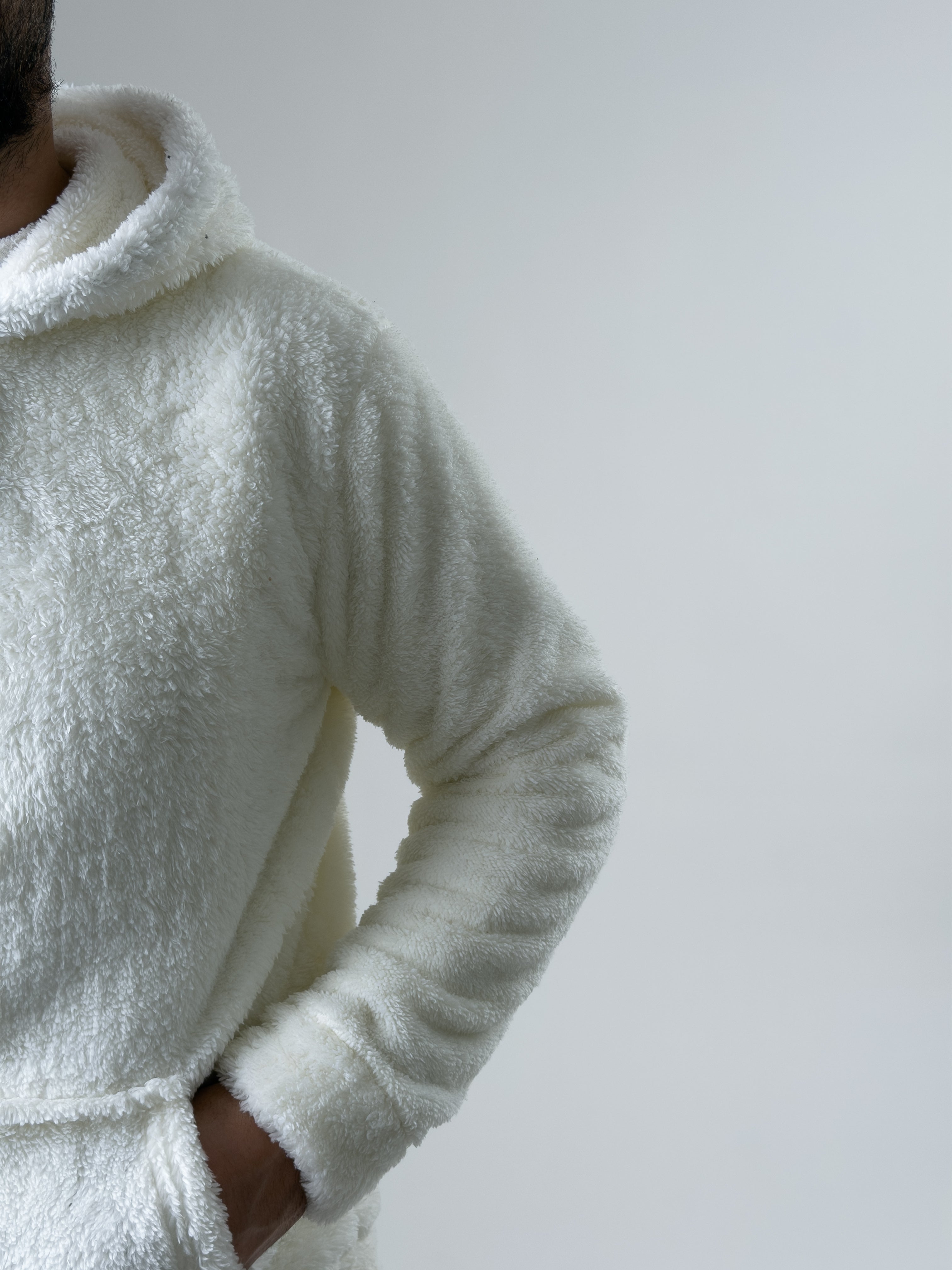Erkek Kapüşonlu Ekru Peluş Sweat COC2591