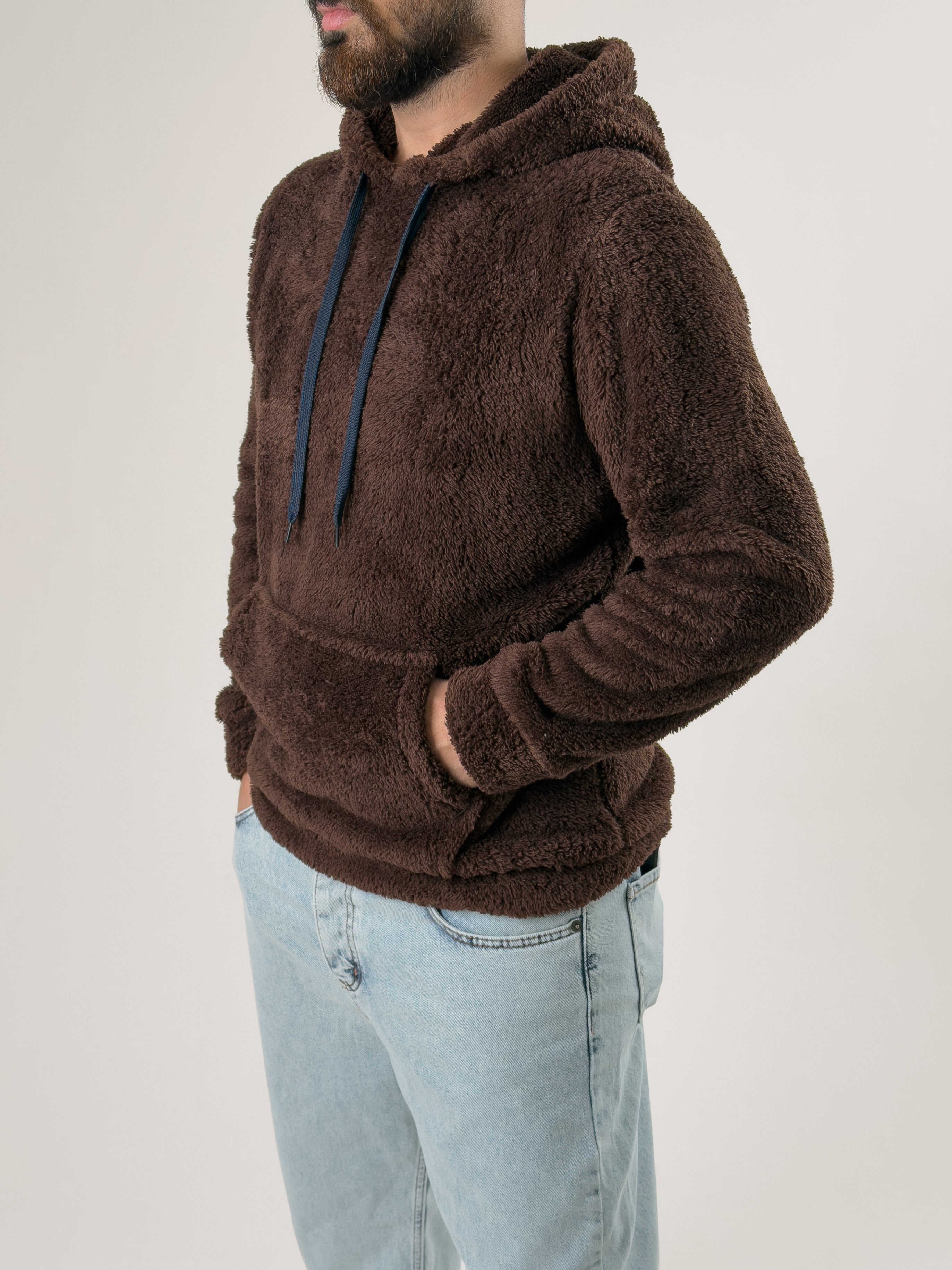Erkek Kapüşonlu Kahve Peluş Sweat COC2592