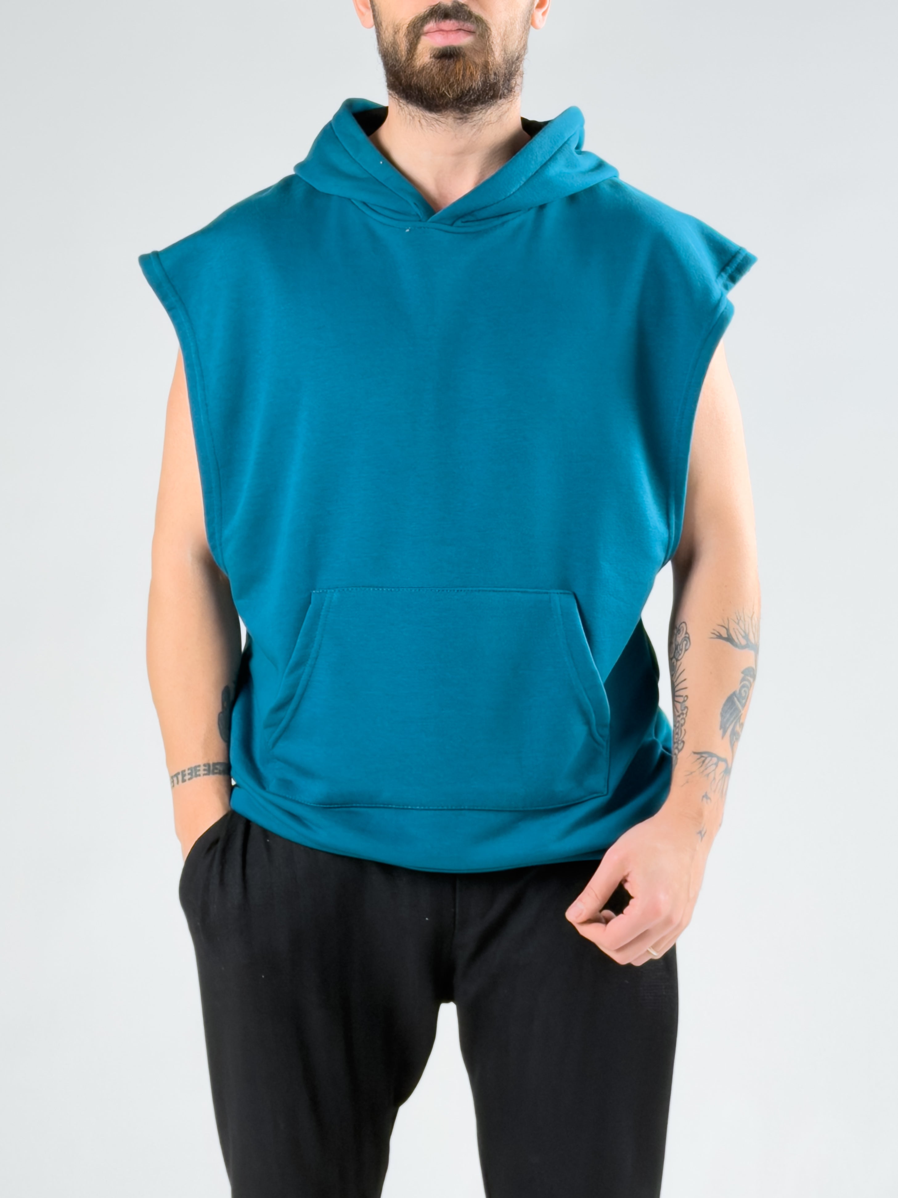 Erkek Petrol Yeşili Sıfır Kol Hoddie COCK0057
