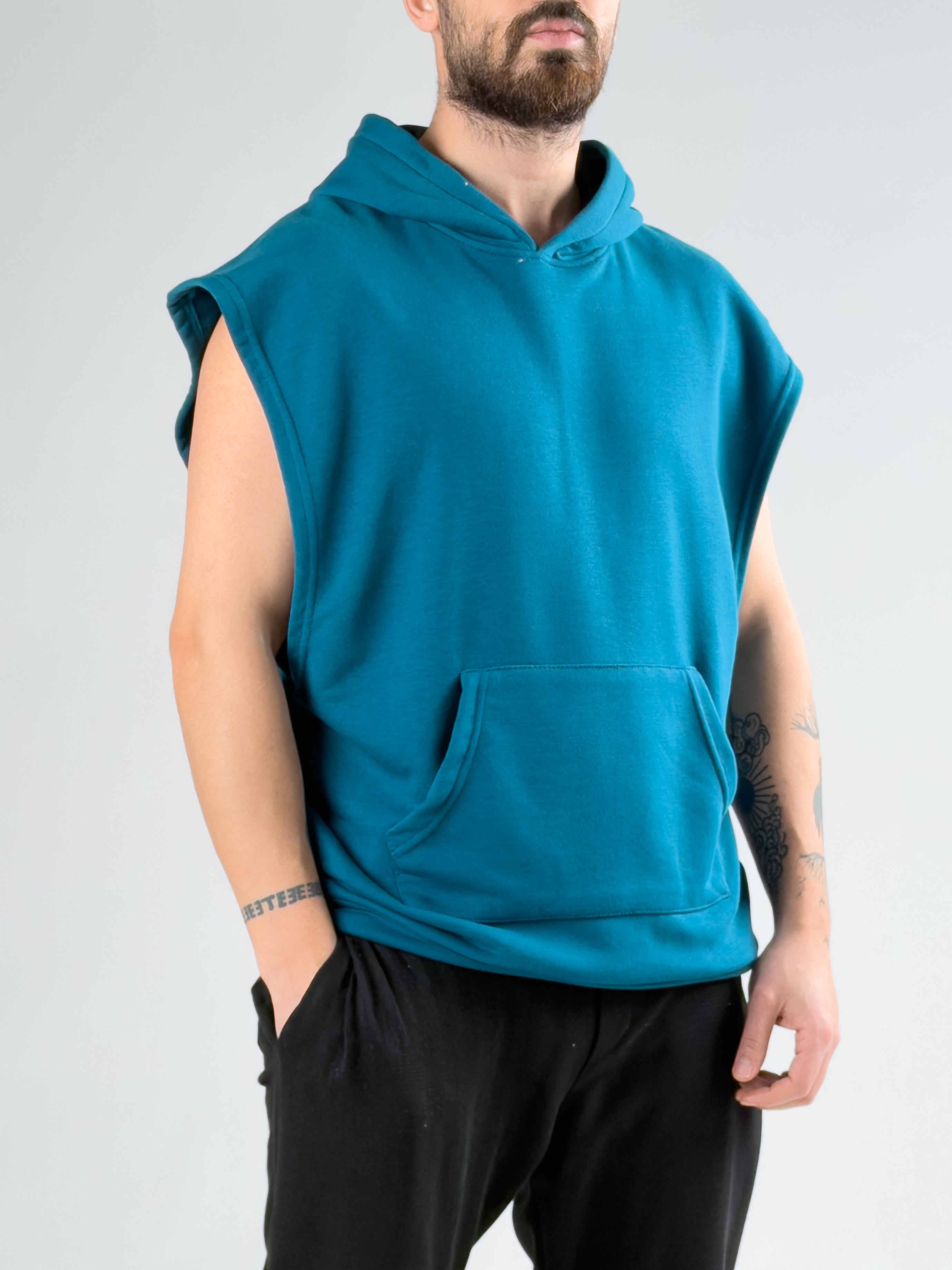 Erkek Petrol Yeşili Sıfır Kol Hoddie COCK0057