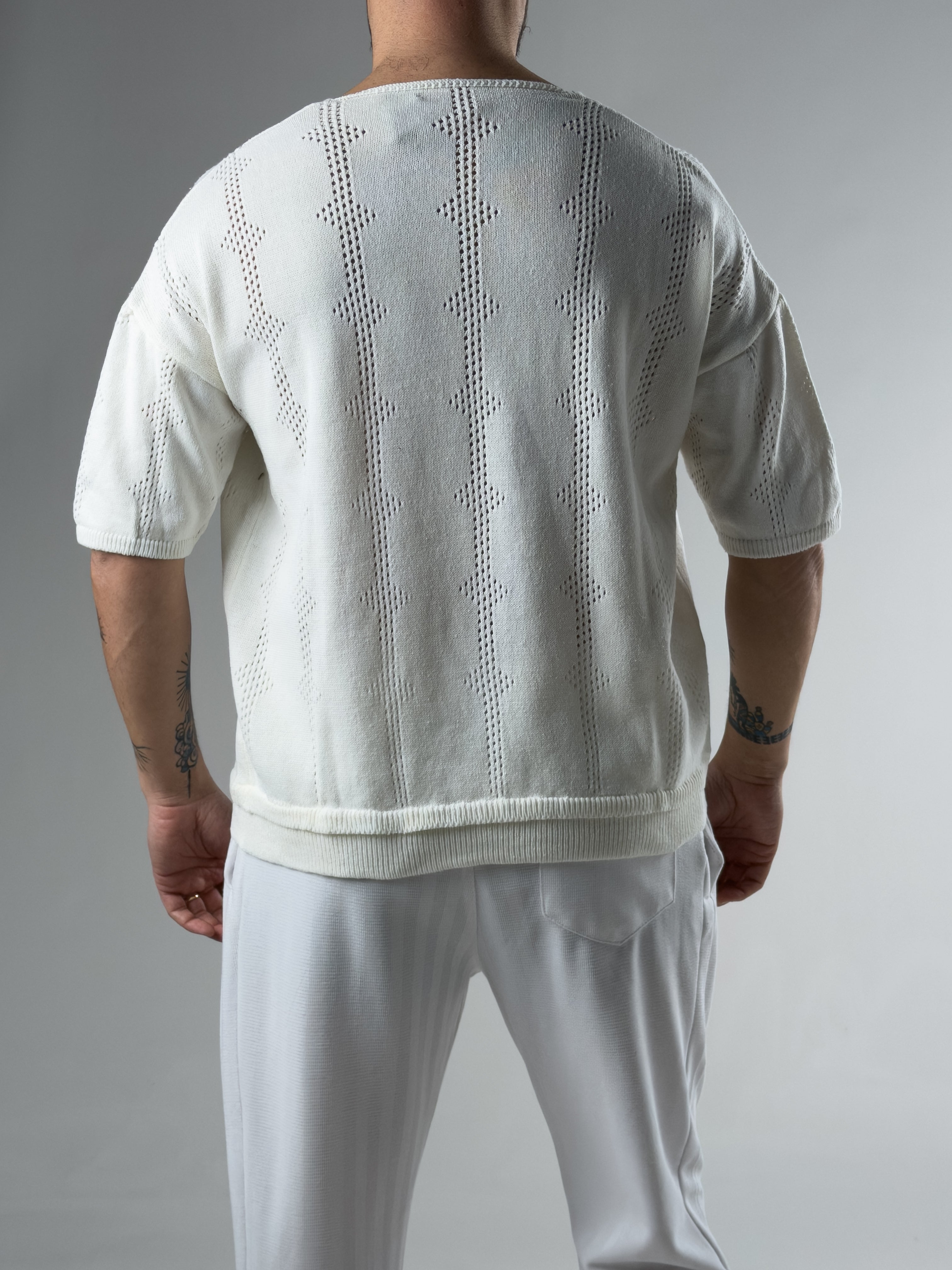 Erkek Tasarım Ekru Örme Triko T-shirt COCK0093
