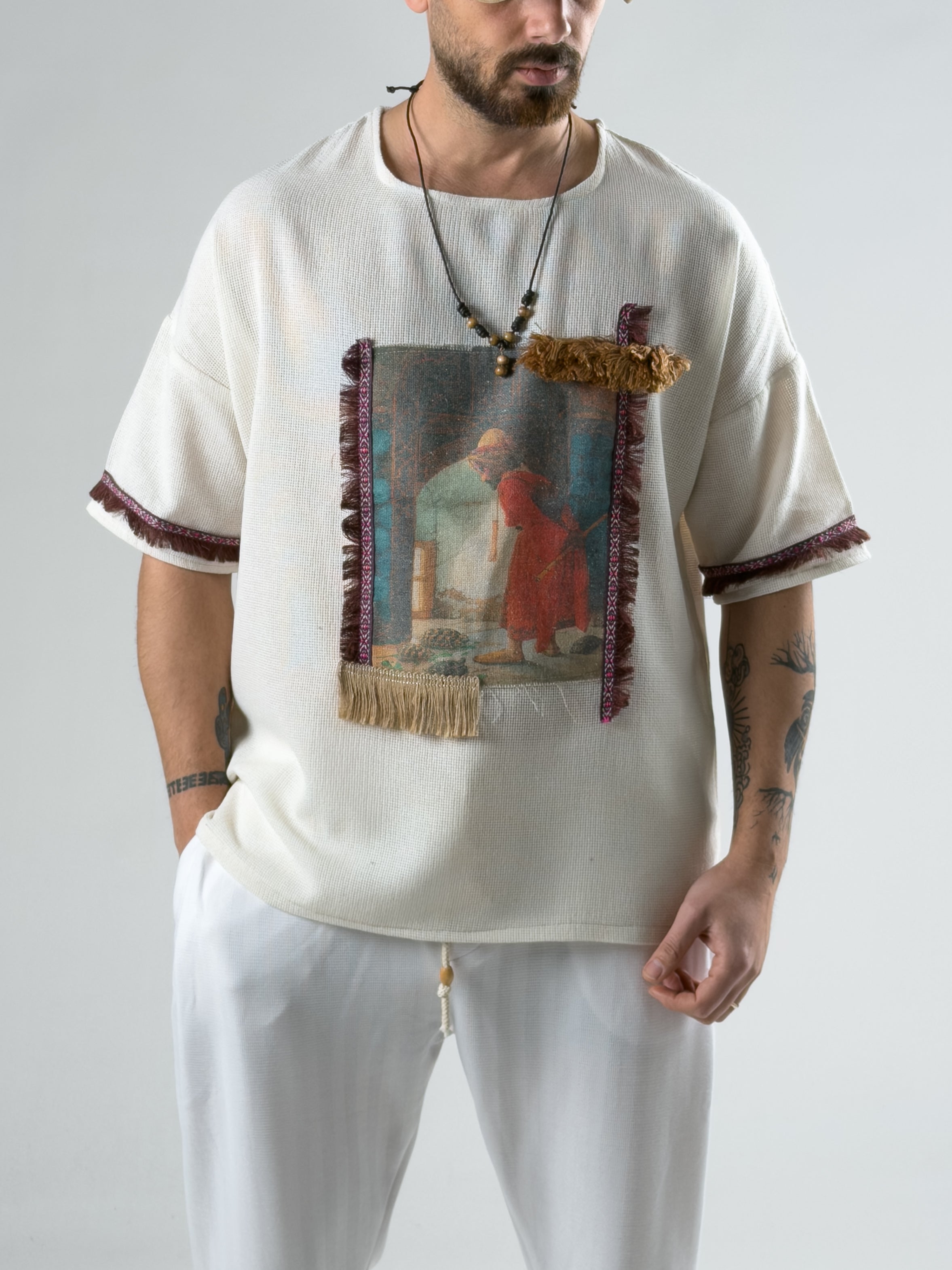 Etnik Desenli Bej Kaplumbağa Bohem Erkek T-Shirt COC2985