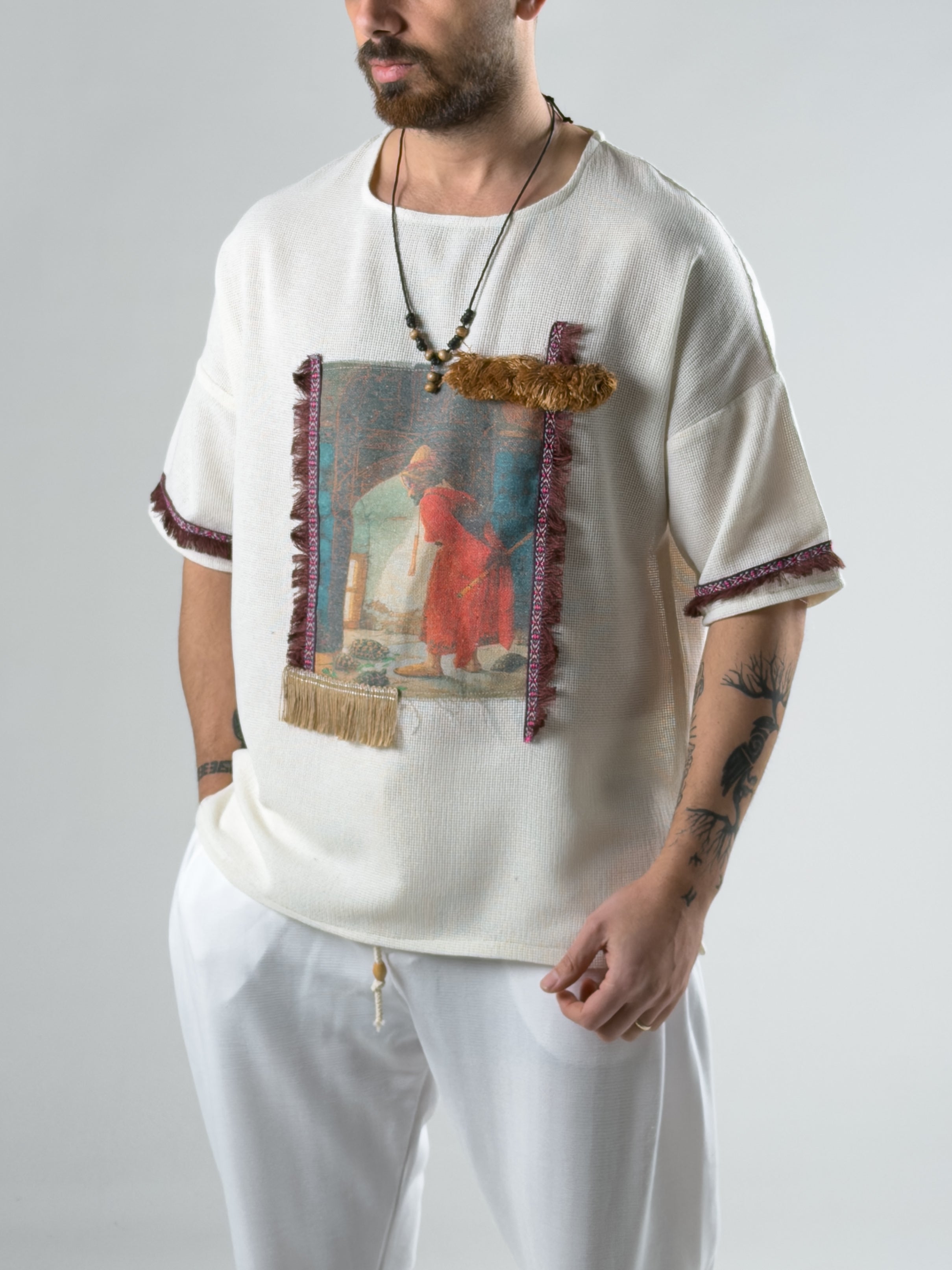 Etnik Desenli Bej Kaplumbağa Bohem Erkek T-Shirt COC2985